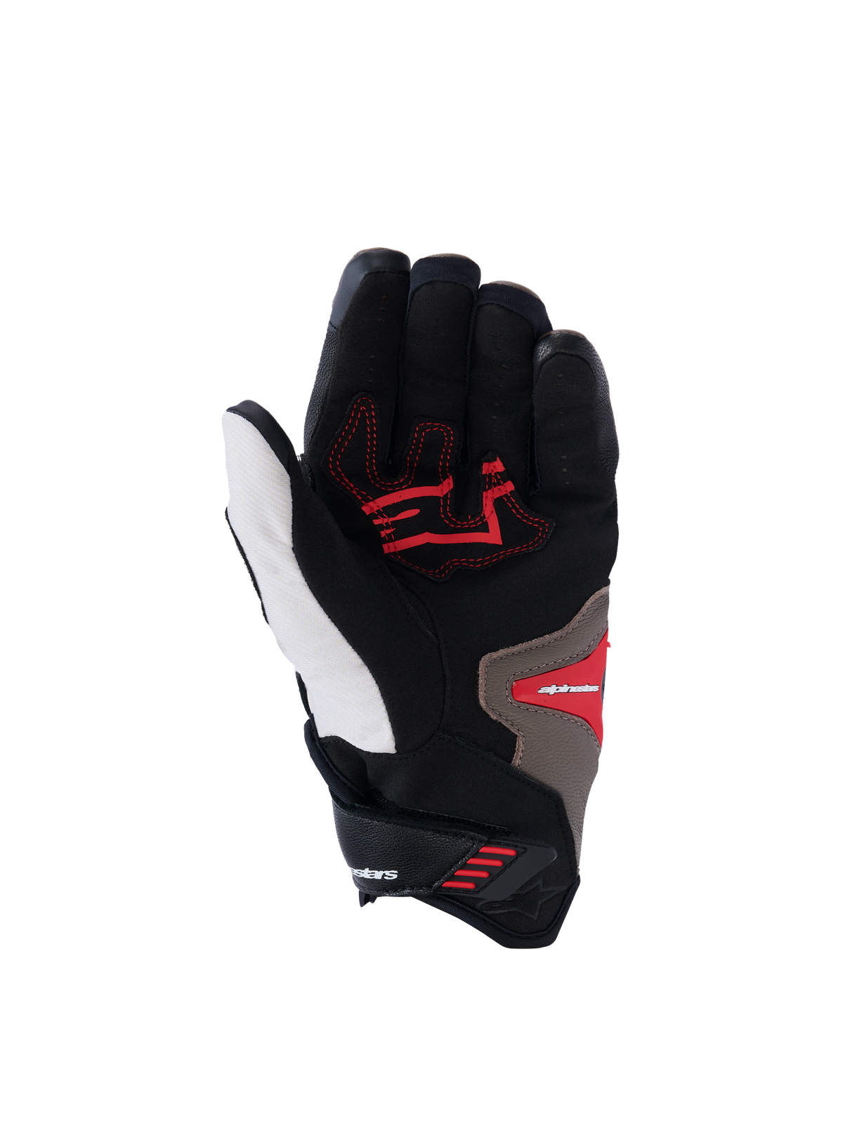 Alpinestars SP-R Pro Handsker, håndfladevisning, Walnut Mastic Black farvevariant, røde grebsindsatser på sort og hvid base, tan detaljer, korte sportsmotorcykelhandsker med forstærket håndflade og ergonomisk design