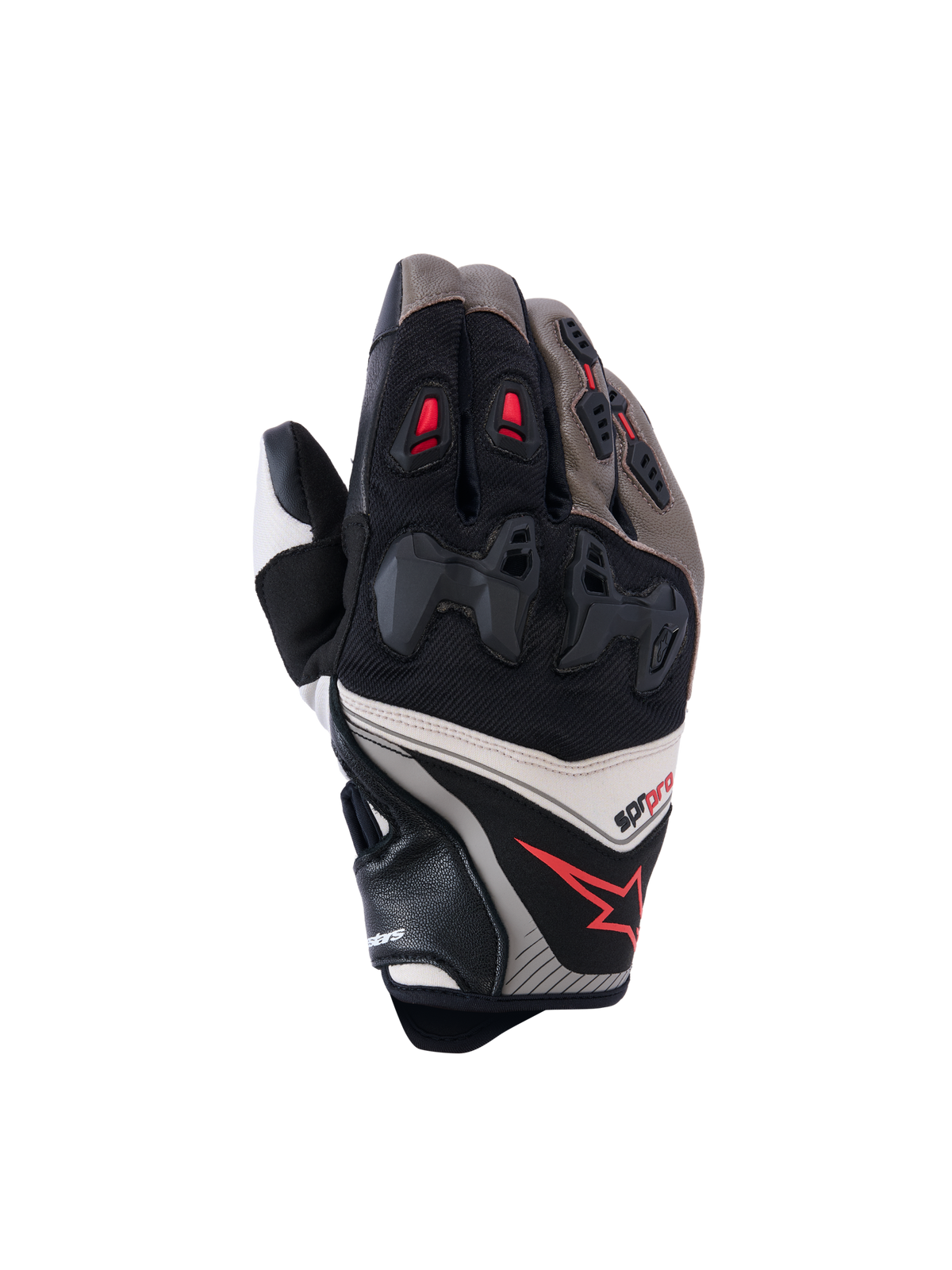Alpinestars SP-R Pro handsker, motorcykelracinghandsker, valnød, mastiks og sort med røde accenter, opdelt hård knobeskyttelse, læder- og tekstilkonstruktion, højtydende sportsdesign