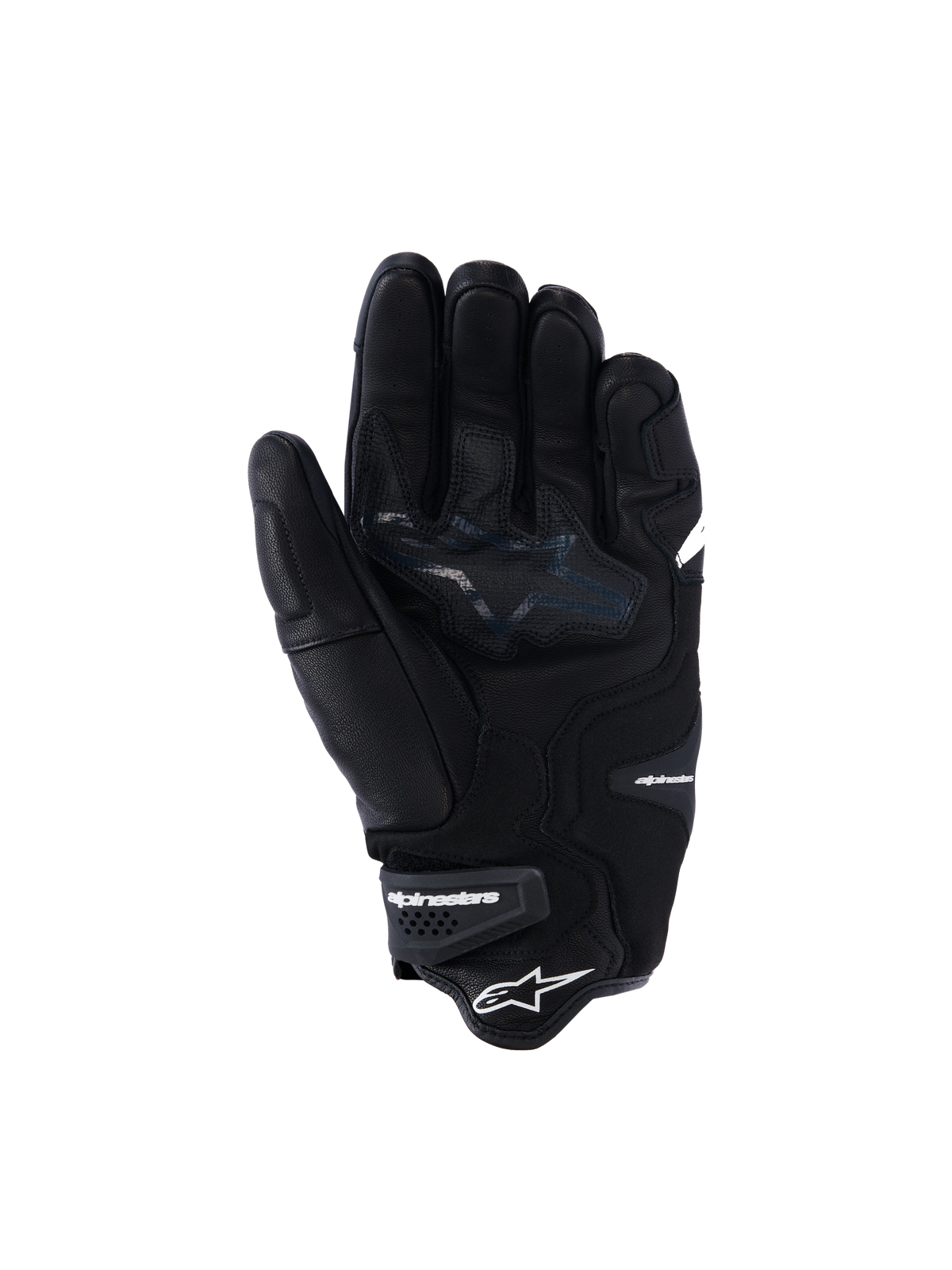 Alpinestars SP-R Tech handsker, sorte motorcykelhandsker i læder, håndfladevisning med forstærkede grebszoner og stjernelogo, elastisk håndled med Alpinestars-branding, sportsudstyr til kørsel med konstruktion i gedelæder