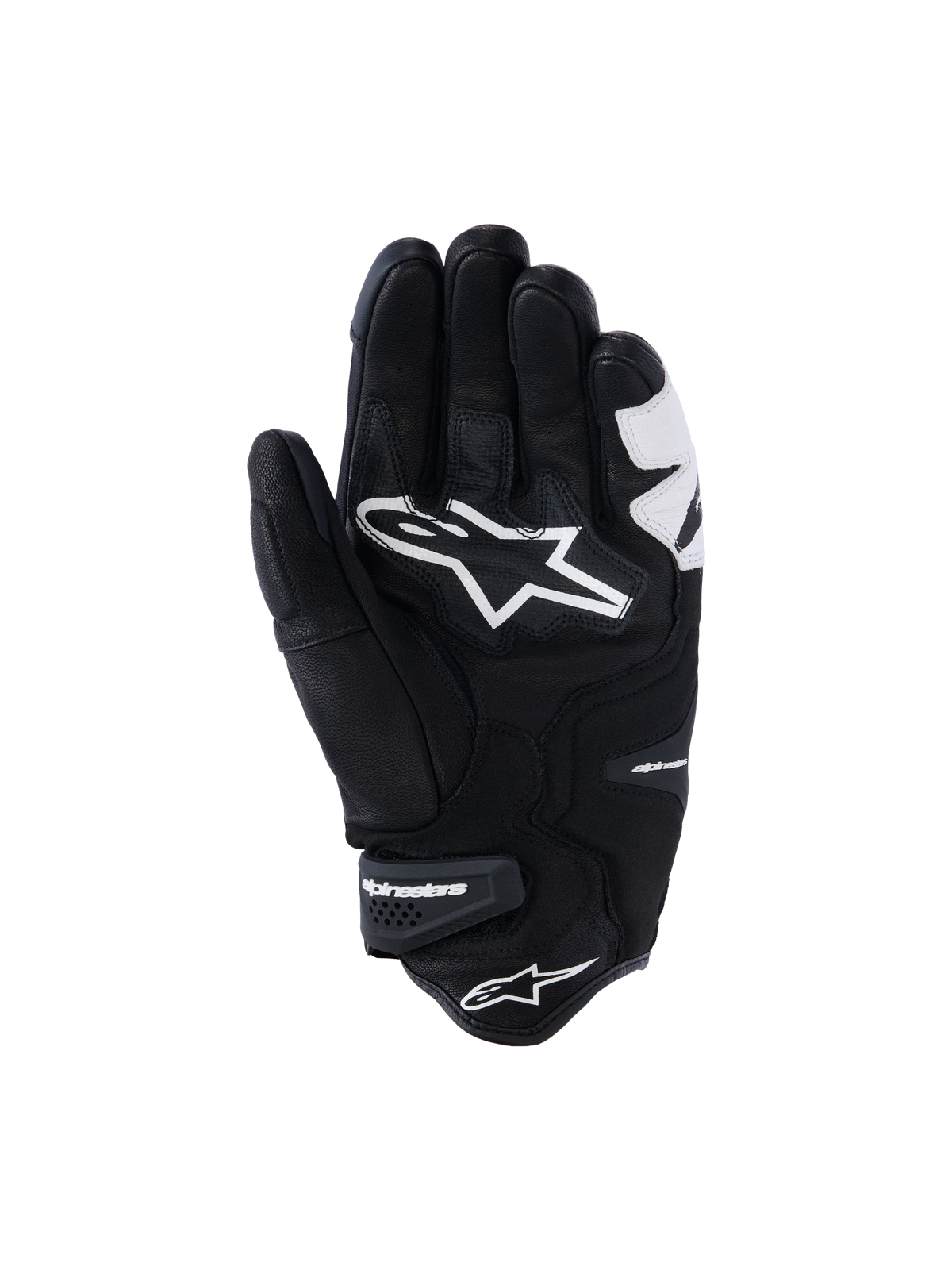 Alpinestars SP-R Tech handsker, sort og hvid, håndfladevisning der viser forstærket læderkonstruktion, stort hvidt Alpinestars-logo på håndfladen og en kort manchet med mærket velcrostrop, sports- og racermotorcykelhandsker