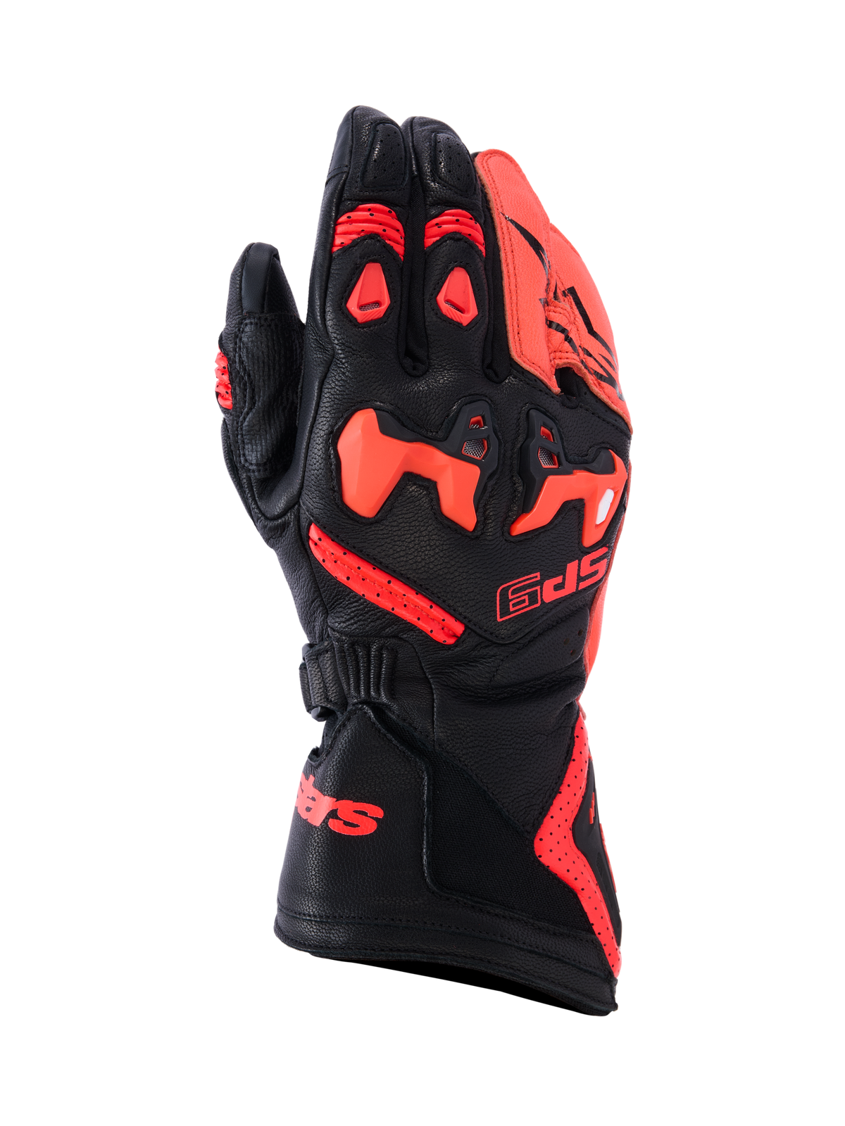 Alpinestars SP-9 handsker, motorcykelhandsker til racing og sport, sort og rød fluo, konstruktion i fuldnarvet gedelæder med SP-R delt TPU-knobeskyttelse, perforeret baghånd for ventilation, lang manchet med rød branding, højtydende beskyttelsesudstyr til sportskørsel