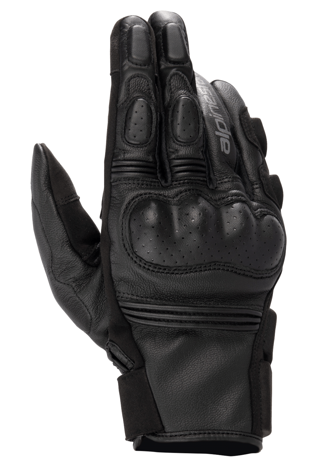 Alpinestars Phenom læderhandsker, motorcykelhandsker, sort, set oppefra med perforeret hård knobeskyttelse, forstærkede fingre, accordion-strækindsatser og premium gedelæderkonstruktion.