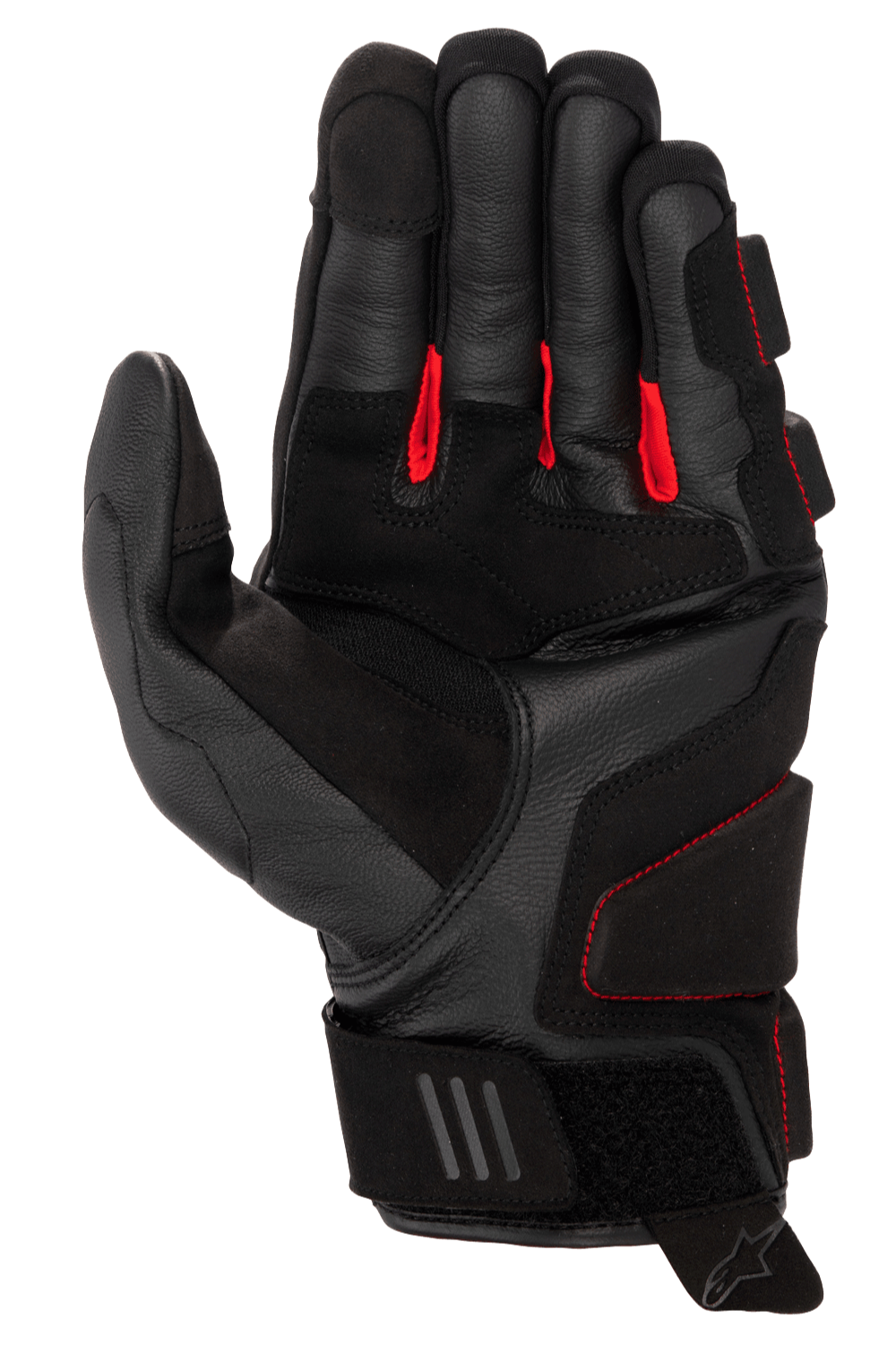 Alpinestars Phenom læderhandsker, motorcykelhandsker, sort og klar rød, set fra håndfladen viser premium gedelæder, rødt stof mellem fingrene, forstærkede impaktzoner og justerbar velcro-lukning ved håndleddet