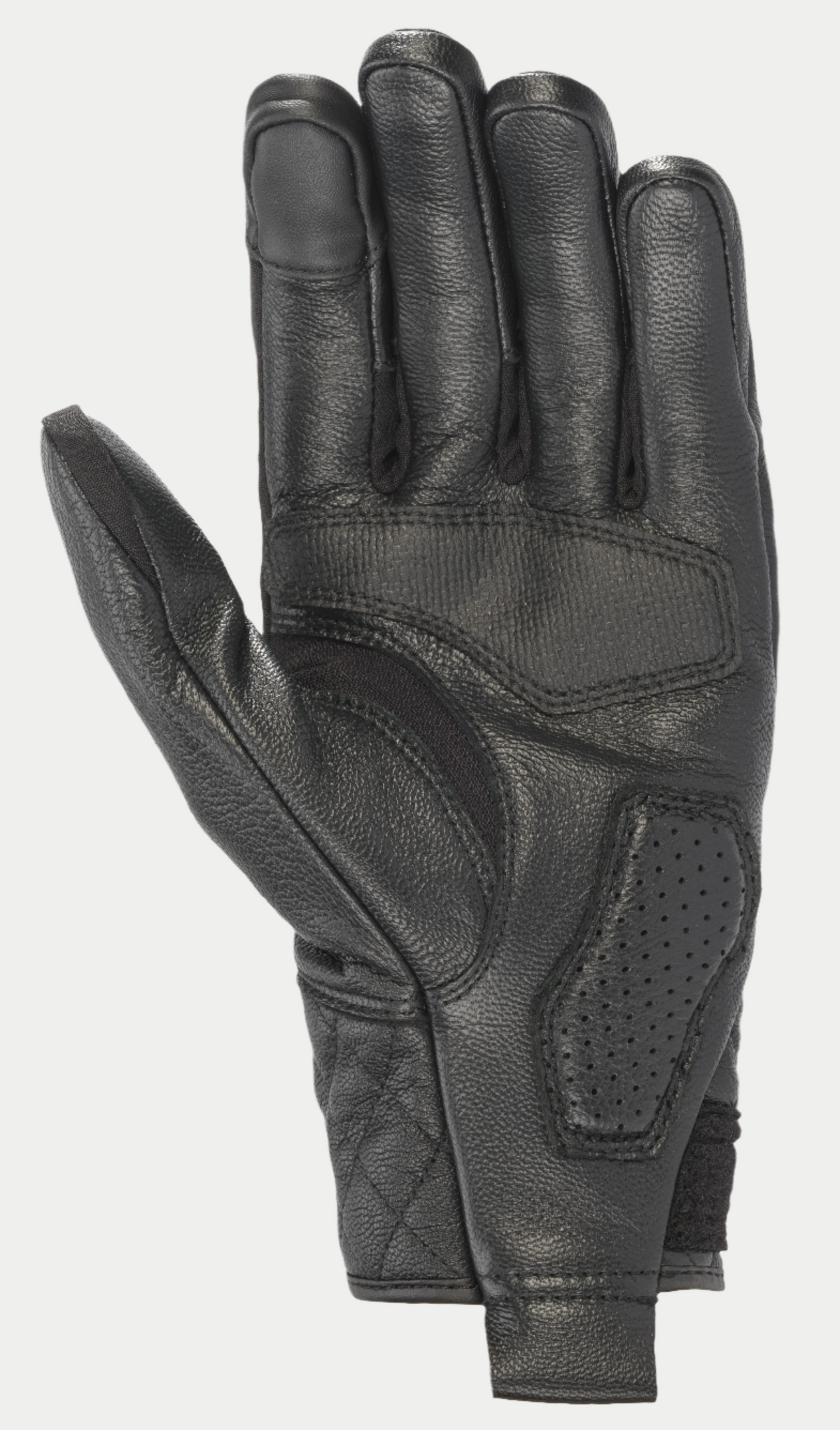 Alpinestars Brass Lt handsker, sorte motorcykelhandsker, håndfladevisning der viser førsteklasses læderkonstruktion med forstærkede gribepaneler, perforeret polstring og quiltede detaljer for et heritage-inspireret look