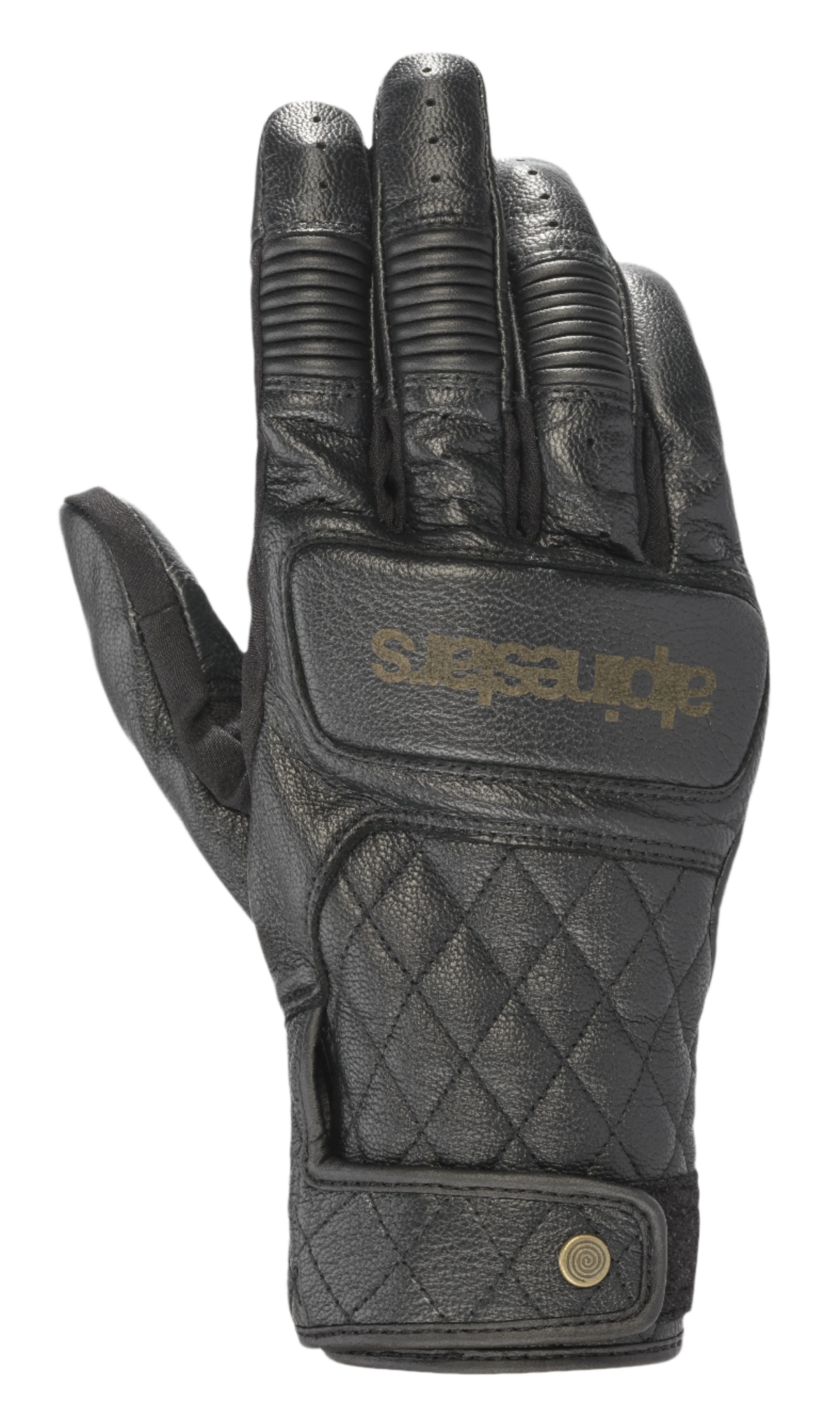 Alpinestars Brass Lt Gloves, motorcykelhandsker i sort læder, quiltet diamantmønster på håndryggen, ribbet knobeskyttelse, perforerede fingre, guldlogo, trykknaplukning ved håndleddet