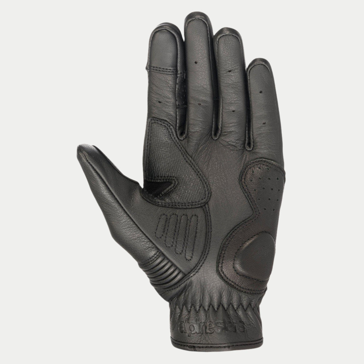 Alpinestars Crazy Eight handsker, motorcykelhandsker, sort, håndfladevisning med forstærket læderkonstruktion, teksturerede gribepaneler på håndflade og tommelfinger, præget branding på manchetten