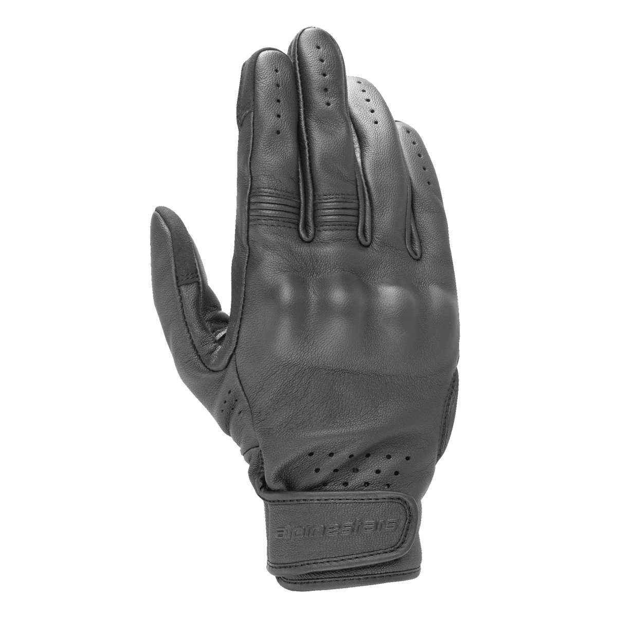 Alpinestars Dyno læderhandsker, sorte motorcykelhandsker, gedeskindskonstruktion med dækket hård knobeskyttelse, perforeret ventilation på fingre og håndled, velcrolukning, minimalistisk urbant design