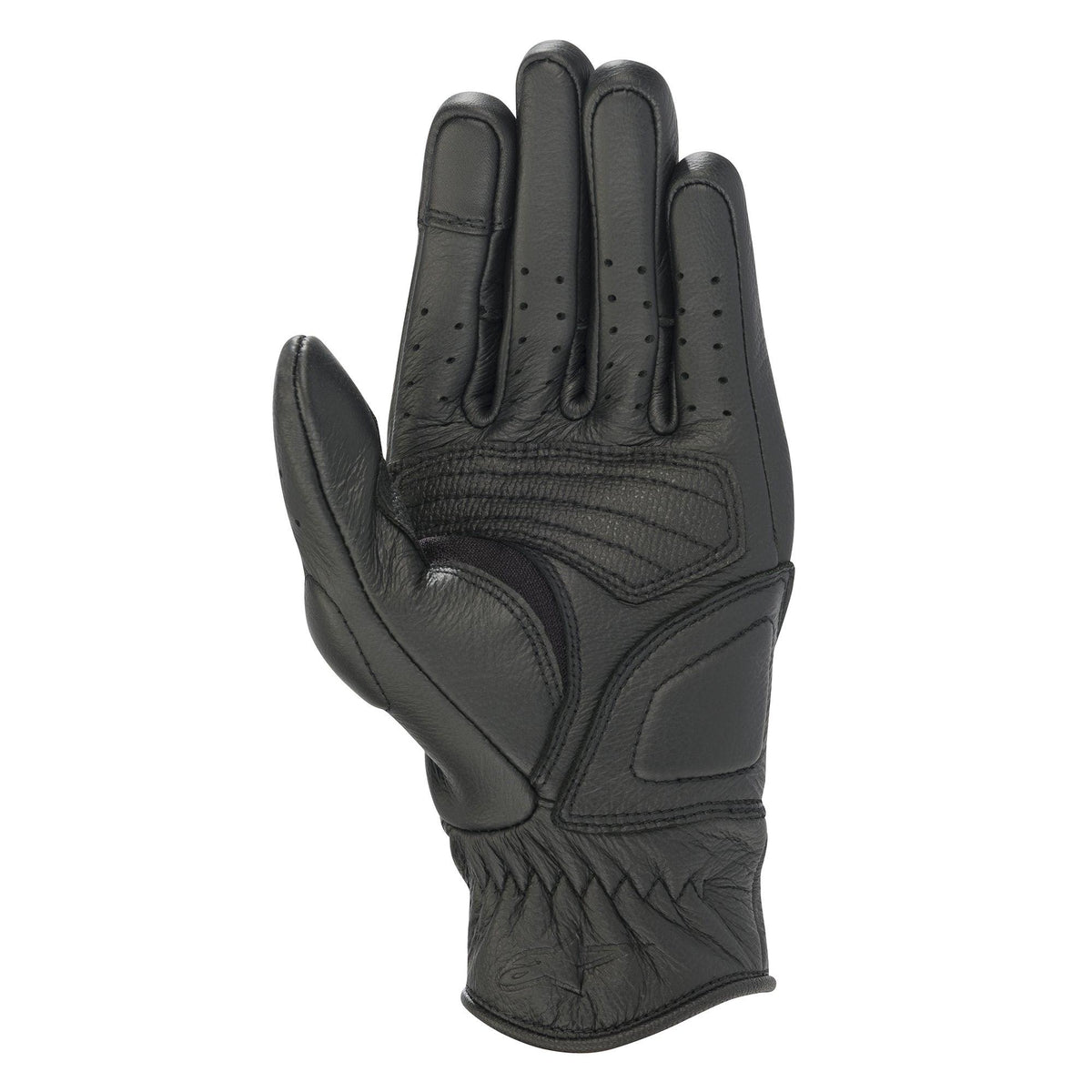 Alpinestars Stella Vika V2 handsker til damer, sorte motorcykelhandsker i læder, set fra håndfladen med forstærket polstring, perforerede fingre for luftgennemstrømning og design med kort manchet