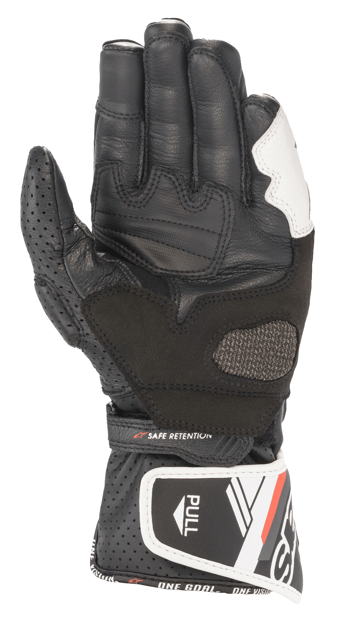 Alpinestars Stella SP-8 V3 handsker til kvinder, motorcykelhandsker i læder, sort og hvid, håndfladevisning med perforeret lædertommelfinger, forstærkede gribepaneler, justerbar håndledsrem med 'SAFE RETENTION'-tekst og lang manchet med 'PULL'-strop og brand-skrift.