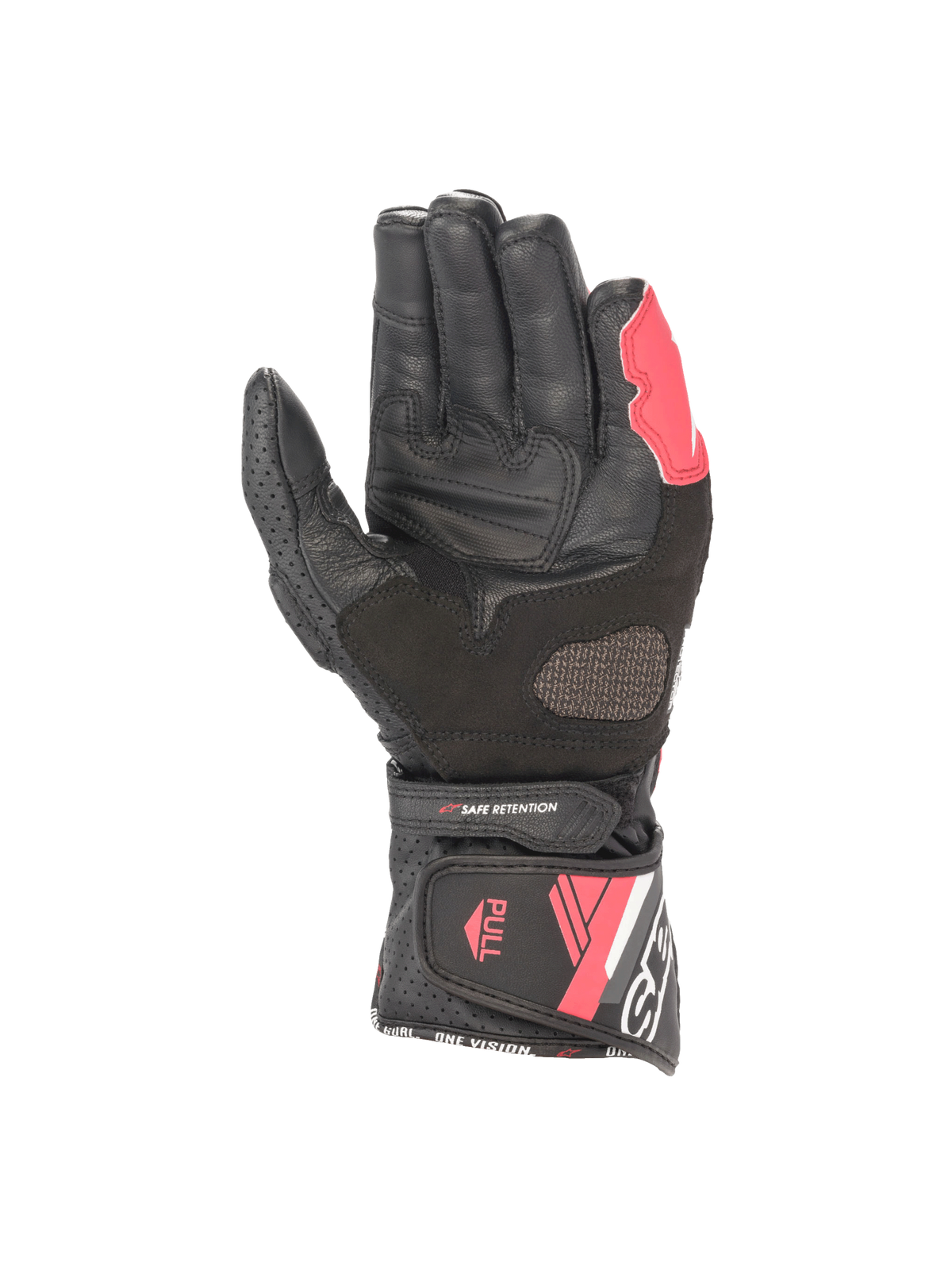 Alpinestars Stella SP-8 V3 Women's Racing Gloves, Black and Diva Pink, leather palm view with secure hook and loop cuff.