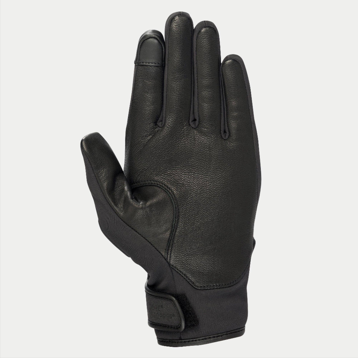 Alpinestars Stella C1 Windstopper V2 handsker til damer, sort, set fra håndfladen med forstærkninger i fuldnarvet læder og touchscreen-kompatibel pegefingerspids, manchetlukning med krog og løkke, strømlinet design til bykørsel