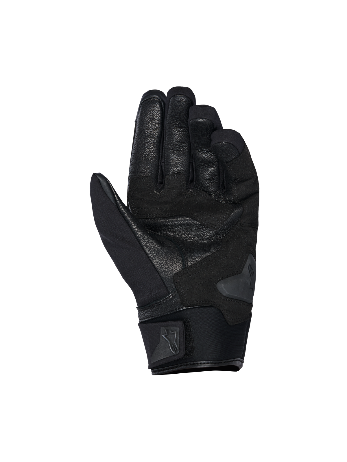Alpinestars SP X Z Waterproof Gloves, Palm View, Black Black, featuring a durable leather palm with reinforced sections, palm slider, and a soft neoprene cuff with an adjustable Alpinestars logo strap.