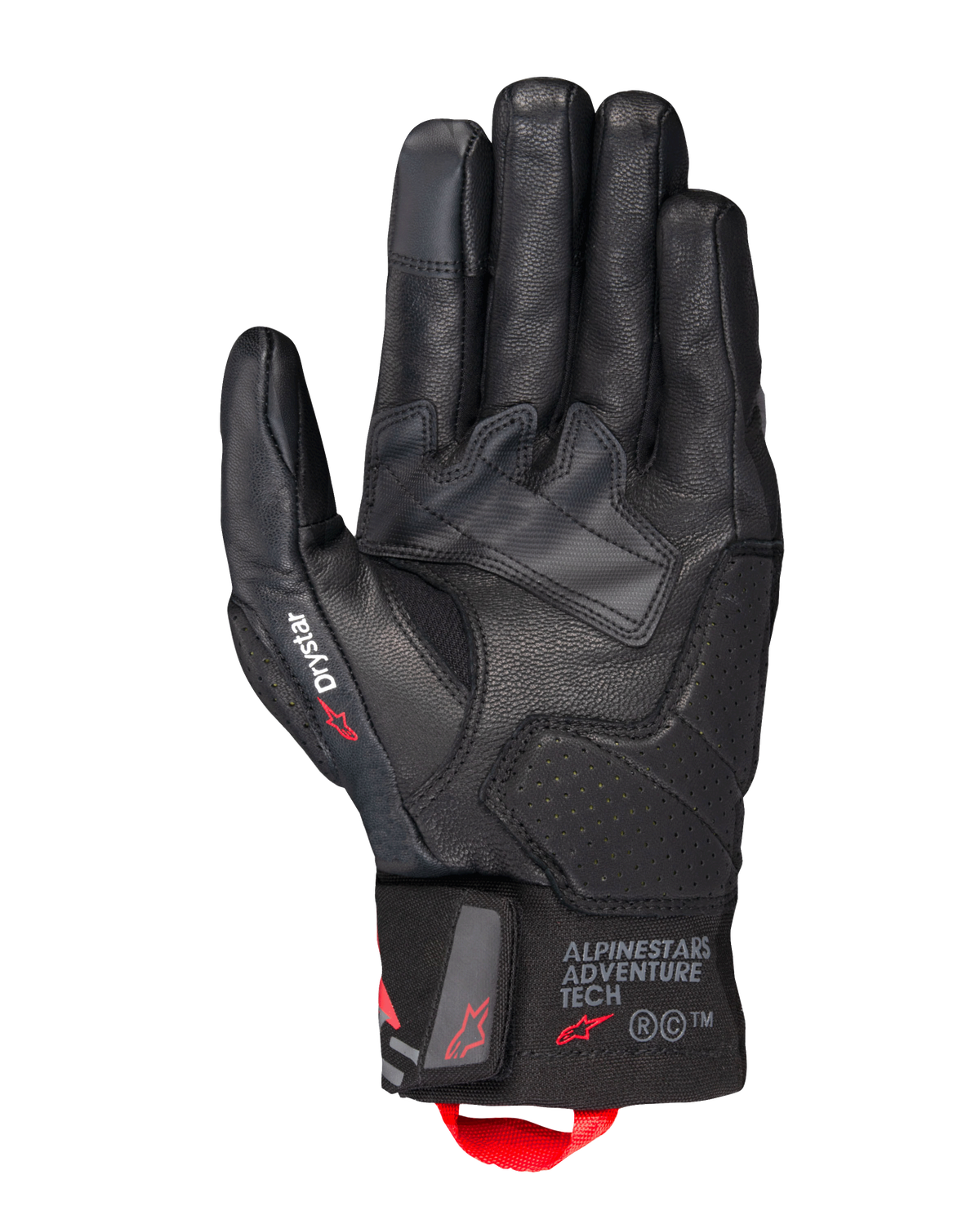 Alpinestars Belize V3 Drystar® handsker, sorte motorcykel touring-handsker, håndfladevisning med læderkonstruktion og perforerede forstærkninger, Drystar-branding på tommelfingeren, Adventure Tech-logo på manchetten og en rød trækstrop.