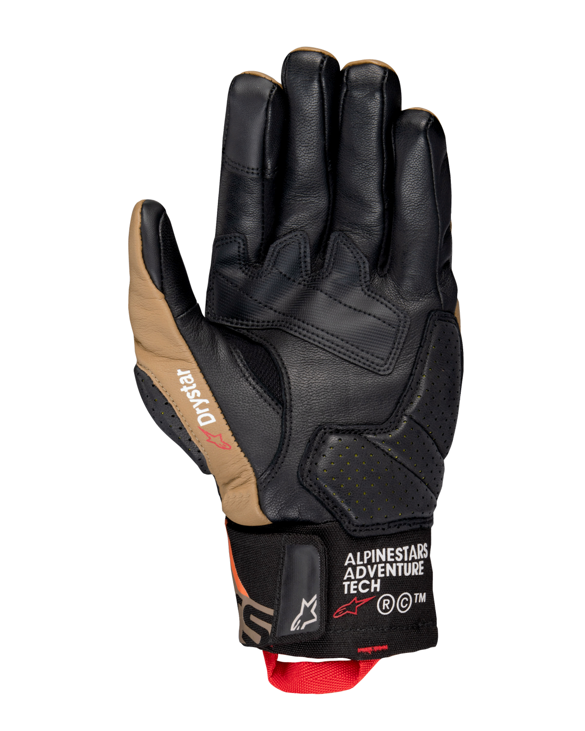 Alpinestars Belize V3 Drystar® handsker, håndfladevisning af en motorcykelhandske med kort manchet i sort og Gobi Brown, læderkonstruktion med forstærket håndflade, perforerede detaljer og rød trækstrop.