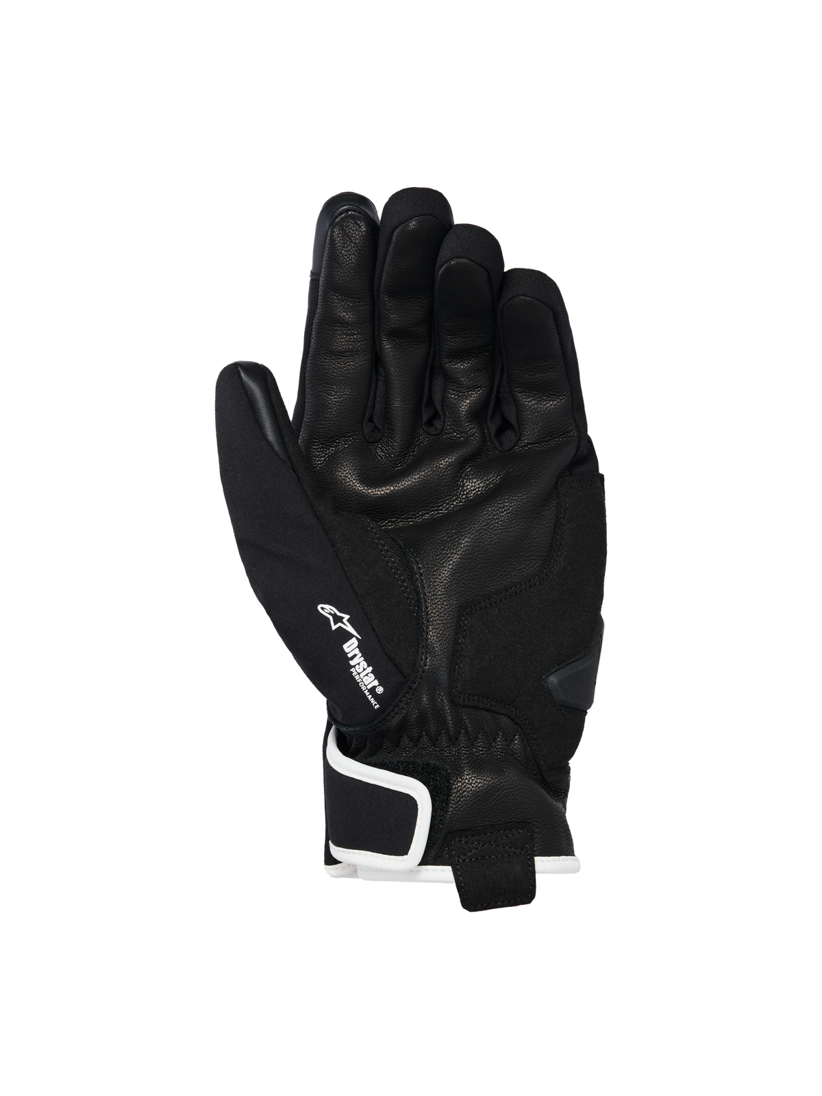Alpinestars Moblast vandtætte handsker, sort med råhvid kant, set fra håndfladen, gedeskindskonstruktion, hvidt Drystar-logo på tommelfingeren og forstærkning med håndfladeslider, urban motorcykeludstyr med kort manchet