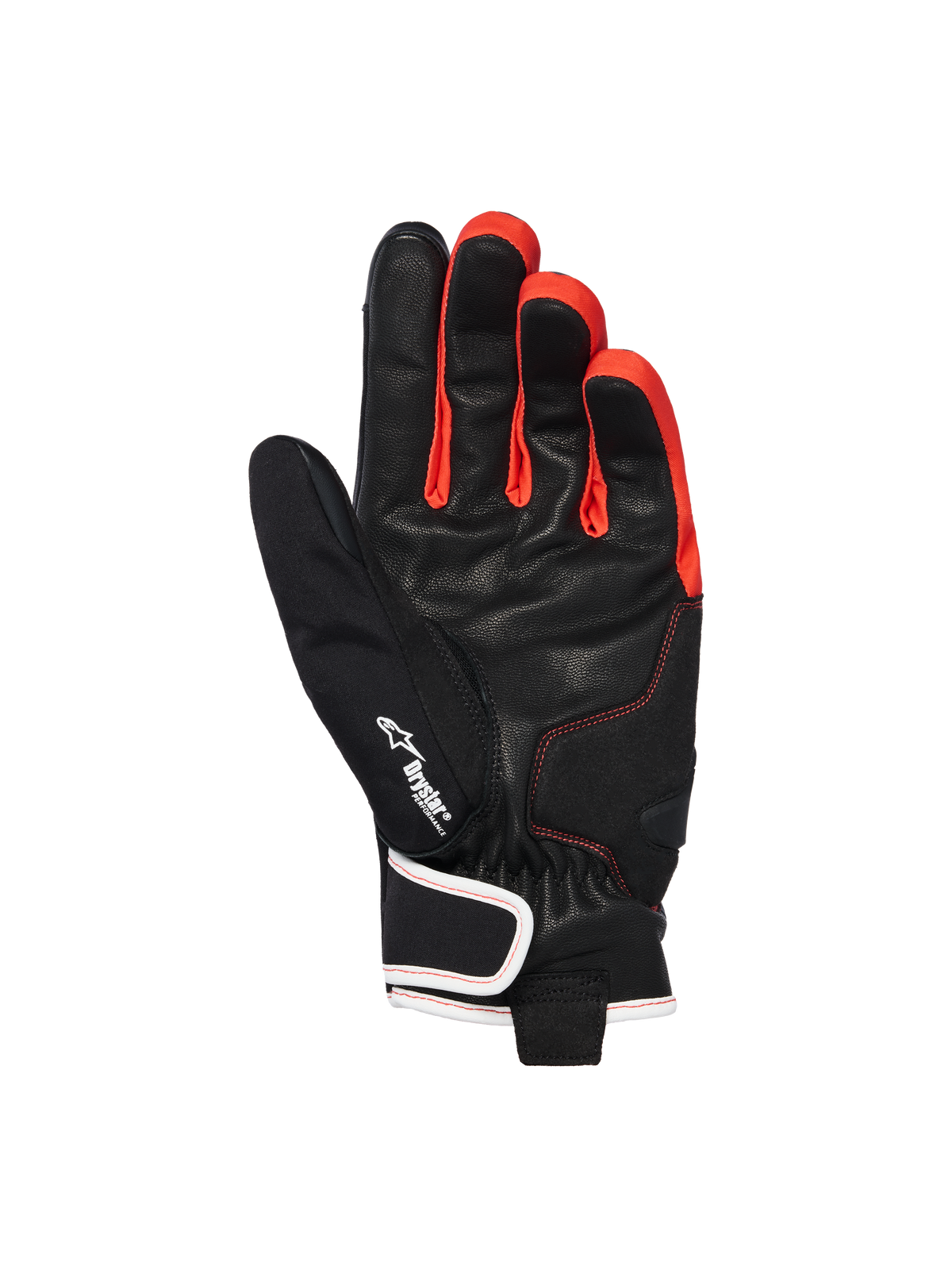 Alpinestars Moblast vandtætte handsker, Black Anthracite Orange, håndfladevisning der viser gedeskindskonstruktion, med Drystar-logo, livlige orange detaljer mellem fingrene og design med kort manchet og hvidkantet håndledslukning