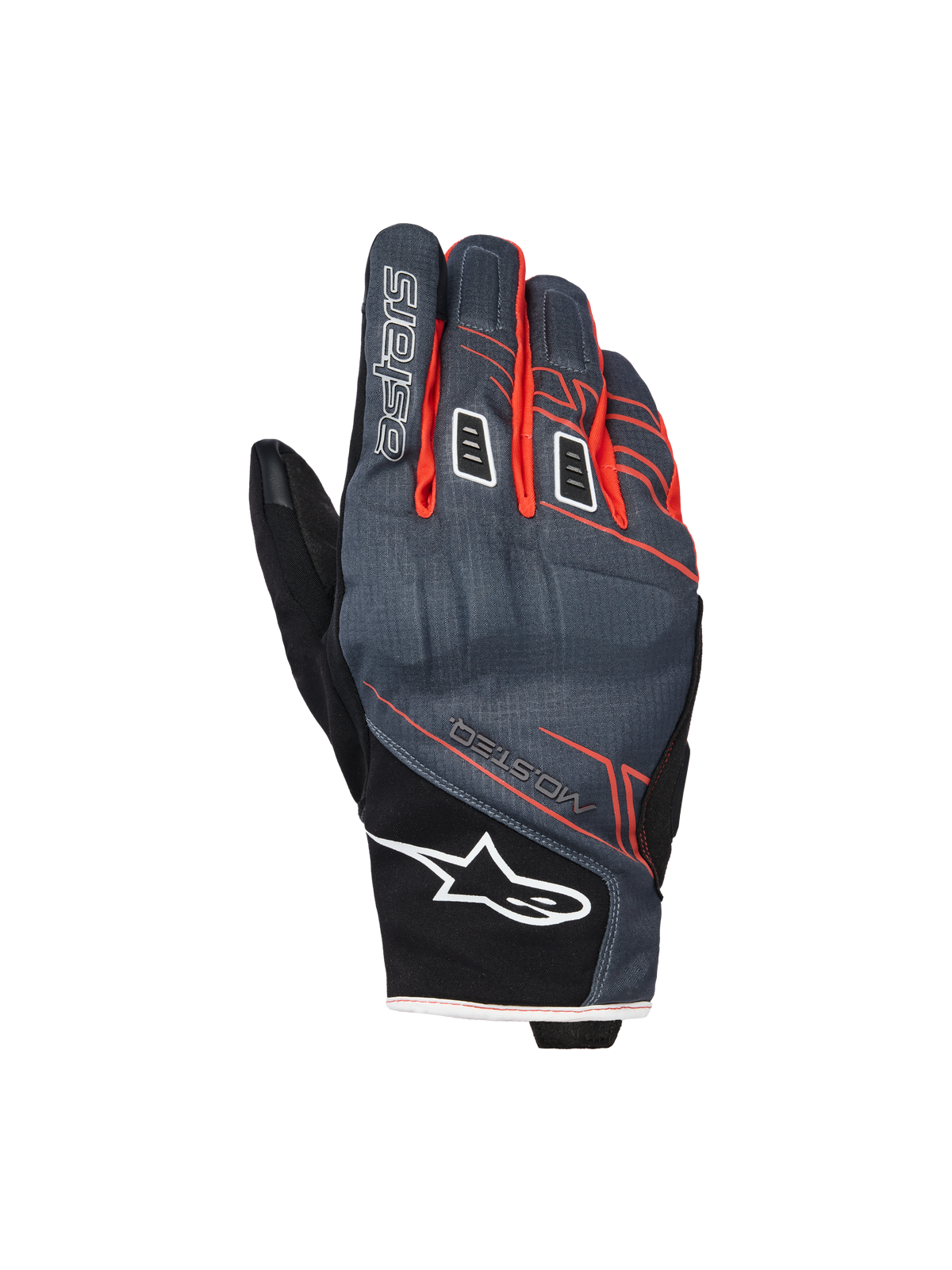 Alpinestars Moblast Waterproof Gloves, motorcykelhandsker, antracitgrå og sort med orange accenter, kort manchet-design med rød-orange lineær grafik, hvidt Alpinestars stjerne-logo på manchetten og 'astars' branding på fingeren, teknisk tekstilhåndryg til vejrbeskyttelse i al slags vejr