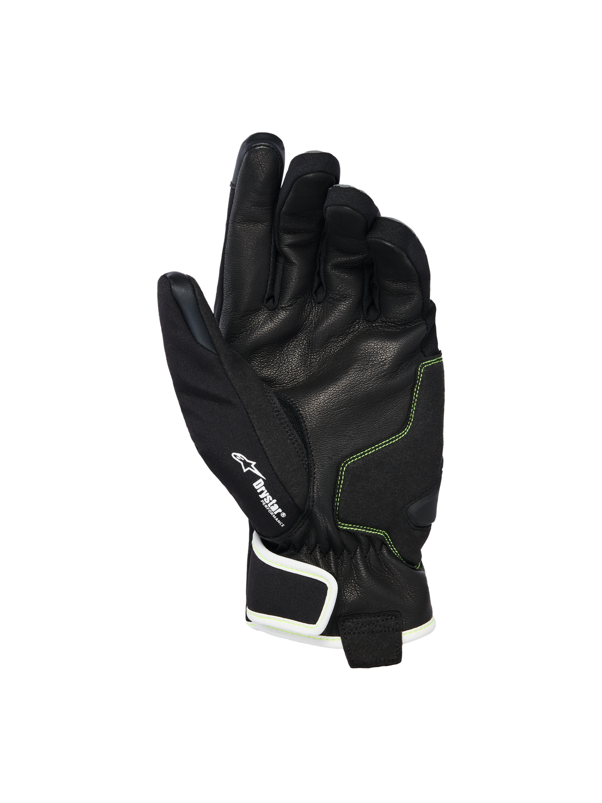 Alpinestars Moblast vandtætte handsker, set fra håndfladen med sort gedeskind og Sulphur Yellow syninger, Drystar®-logodetalje, motorcykelhandsker med kort manchet, designet til pendling i byen i al slags vejr