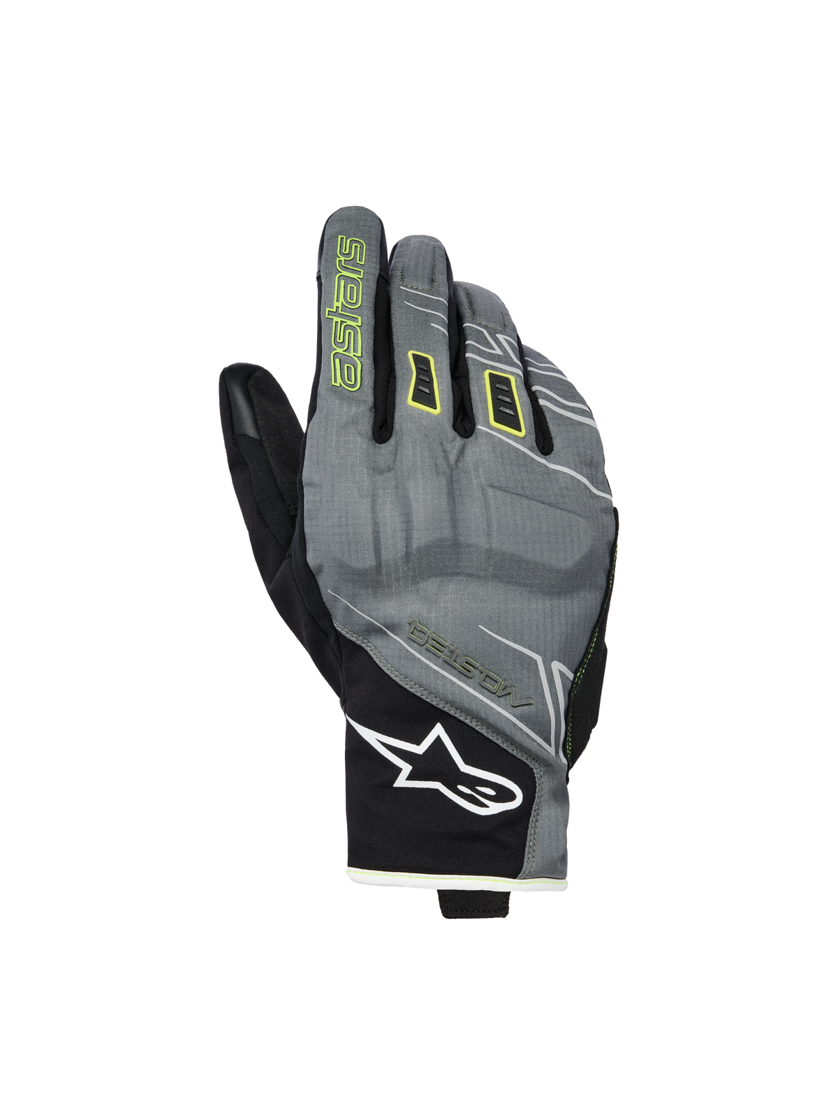 Alpinestars Moblast Waterproof handsker, motorcykelhandsker, grå og sort med svovlgule detaljer, urbant design med kort manchet, hvidt Astar-logo på håndleddet, neongul branding på pegefingeren, vandtæt Drystar-teknologi til pendling i mellemsæsonen