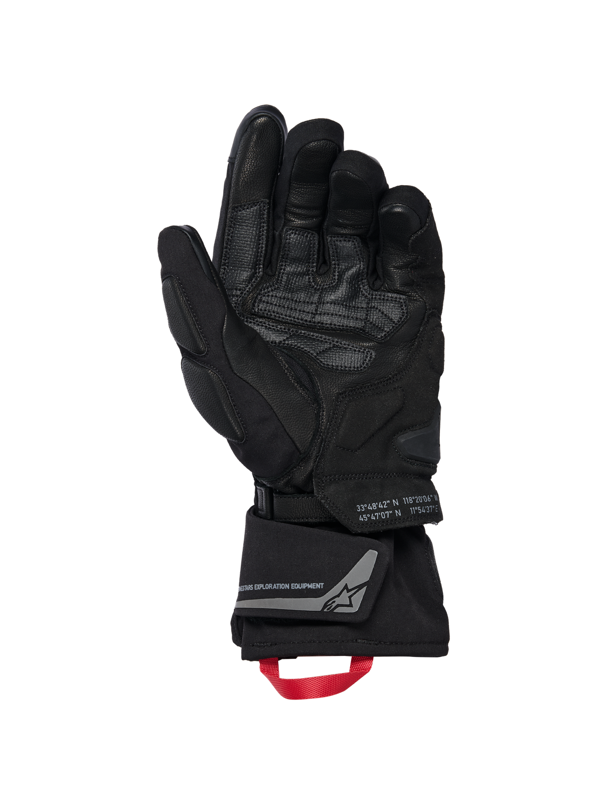 Alpinestars WT-8 GORE-TEX isolerede handsker, motorcykelhandsker, sort, visning af indersiden af håndfladen med forstærkede læderstykker og polstrede slidere, lang manchet med rød trækstrop og Alpinestars Exploration Equipment-branding med geografiske koordinater, teknisk vej- og adventure-design