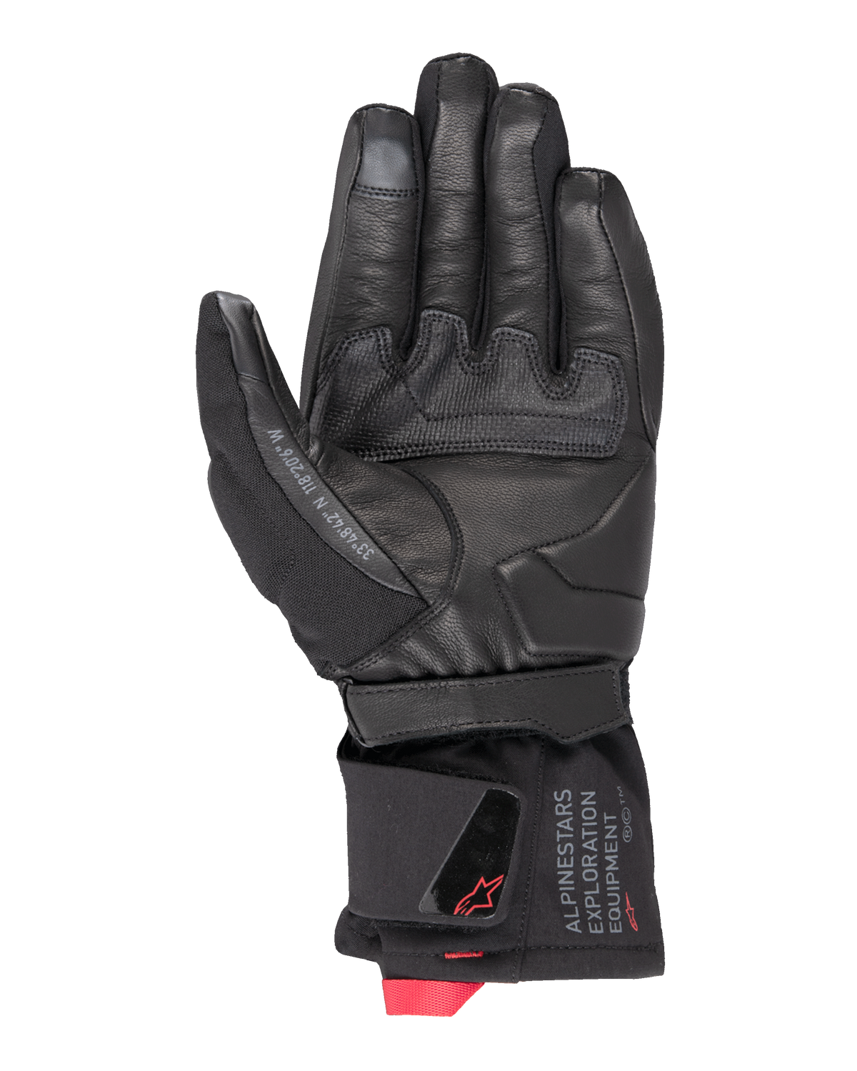 Alpinestars WT-4 GORE-TEX foret handske, motorcykelhandske, sort, håndfladevisning med læderkonstruktion og gummigreb, mellemlang manchet med Alpinestars Exploration Equipment-branding og røde logo-detaljer