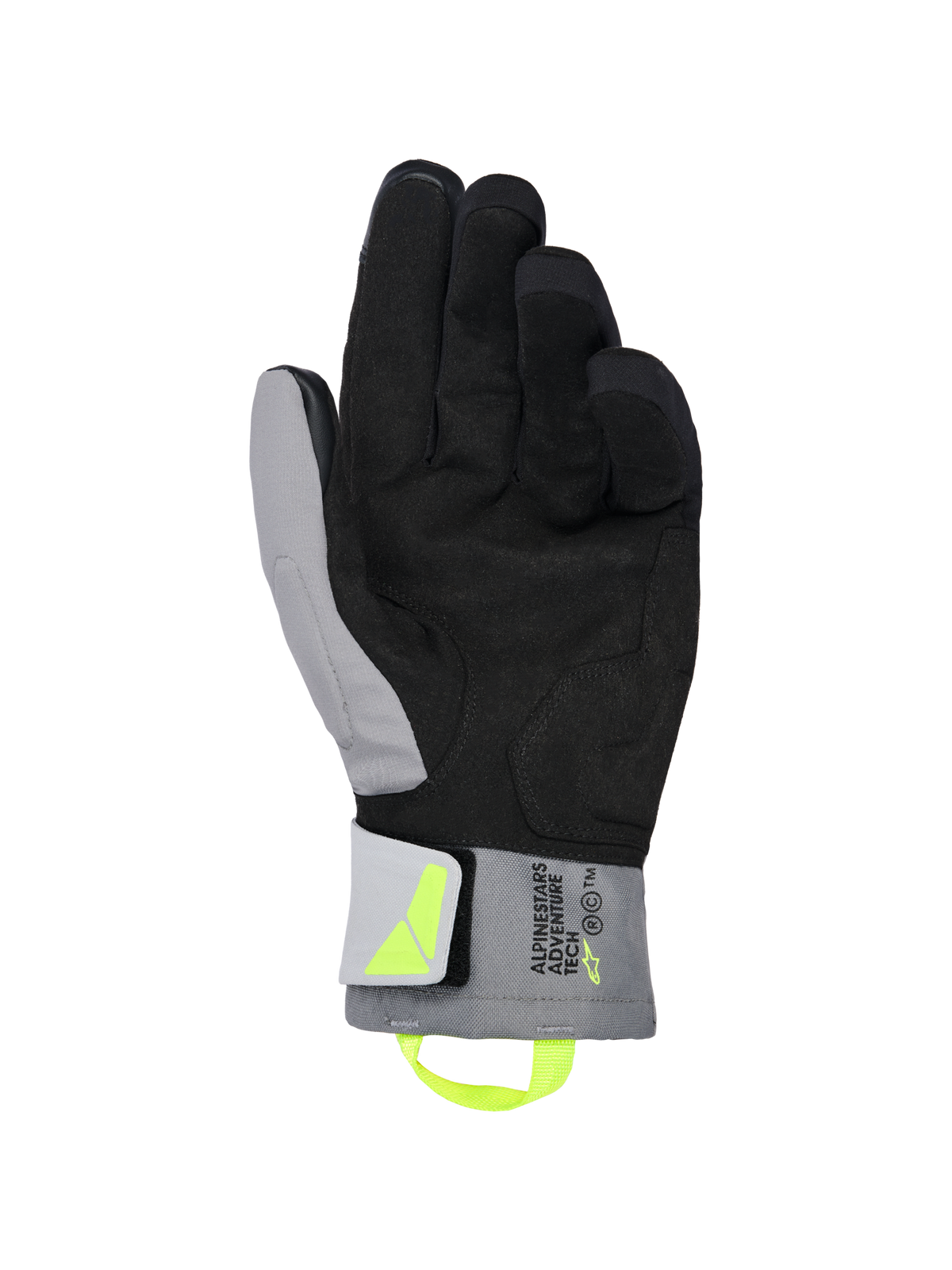 Alpinestars XT-3 Drystar® isolerede handsker, sorte og mørkegrå motorcykelhandsker, håndfladevisning med blødt sort ruskind og gråt tekstil, fluoriserende gul strop og logo, 'ALPINESTARS ADVENTURE TECH' branding på manchetten, vandtætte og isolerede til eventyrkørsel