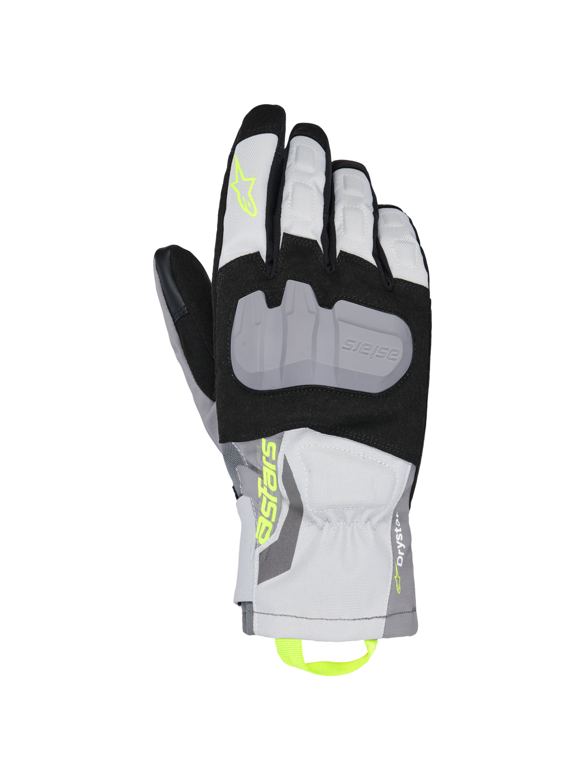 Alpinestars XT-3 Drystar isolerede handsker, motorcykelhandsker til touring, sort, grå og hvid, med en stor grå beskyttende knoplade, neongul Astars-branding og trækstrop, vandtæt tekstilkonstruktion med mellemlang manchet.
