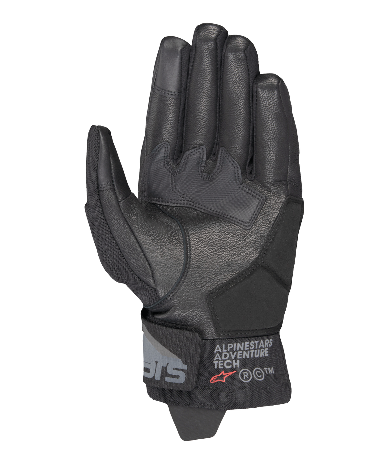 Alpinestars Corozal V3 Drystar® Gloves, Black, Palm side view showing leather construction with reinforced patches, short cuff with Alpinestars Adventure Tech branding, touchscreen-compatible fingertips, durable all-weather adventure motorcycle gear.
