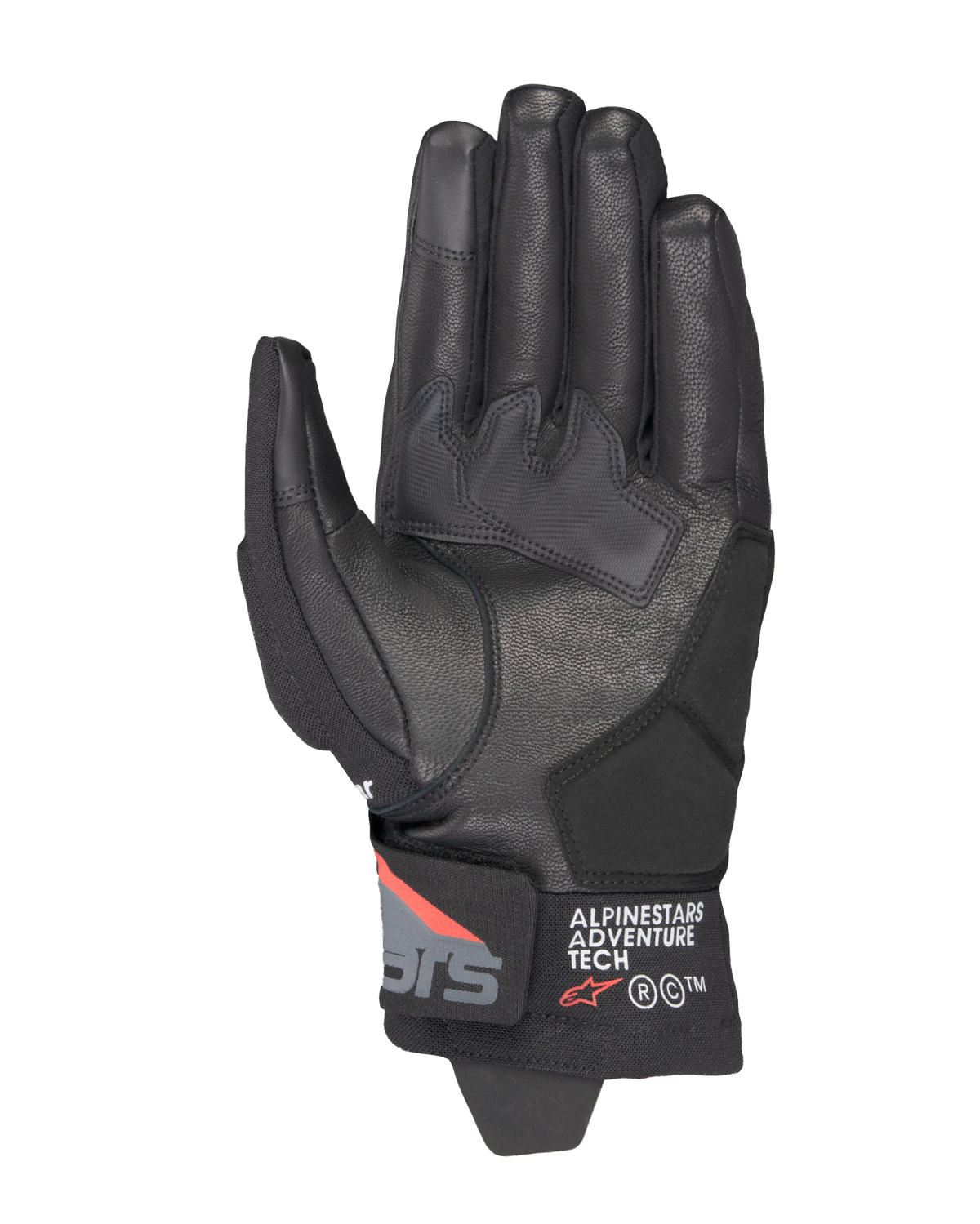 Alpinestars Corozal V3 Drystar® Gloves, Black Deep Gray Red Fluo, palm view featuring leather construction, synthetic palm reinforcements, and short cuff with Alpinestars Adventure Tech branding