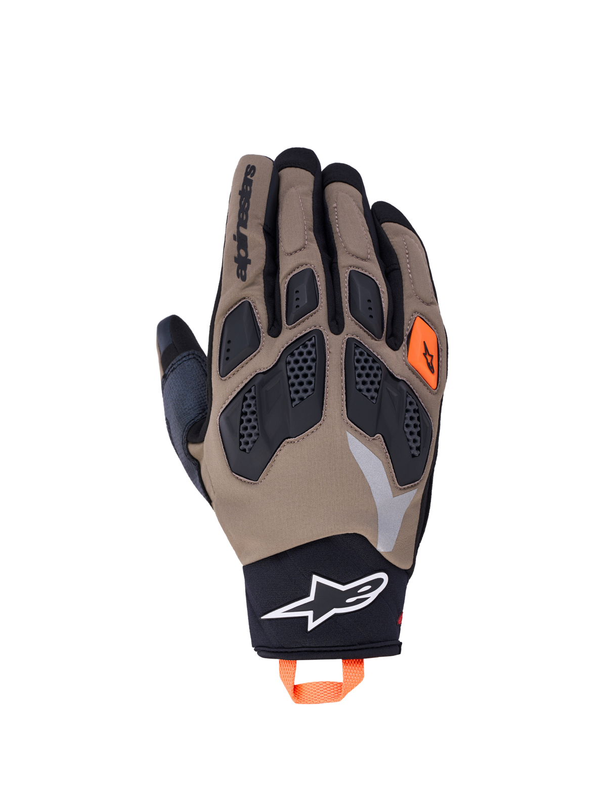 Alpinestars Maxdura Drystar handsker, eventyrmotorcykelhandsker i valnødbrun og sort med orange detaljer, fleksible TPR-knoer og vandtæt konstruktion