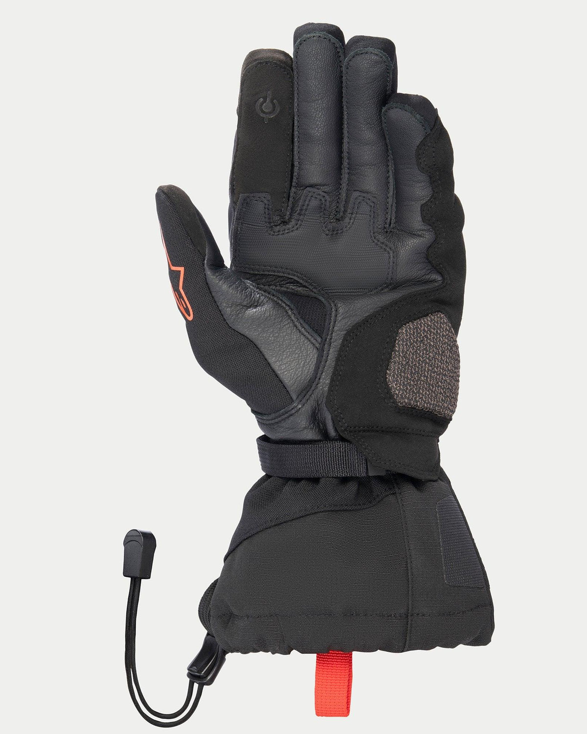 Alpinestars XT-5 GORE-TEX handsker, sorte, set fra håndfladesiden, læderkonstruktion, AR Shield landingszone-forstærkning, lang manchet med chok snor-lukning, touchskærm-kompatible fingerspidser og røde signaturdetaljer.