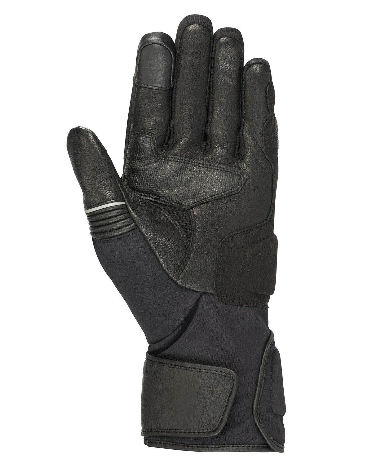 Alpinestars Jet Road V2 GORE-TEX-handsker, sort, håndfladevisning der viser læderkonstruktion med forstærket polstring, lang manchet og touchskærmkompatible fingerspidser til adventure touring