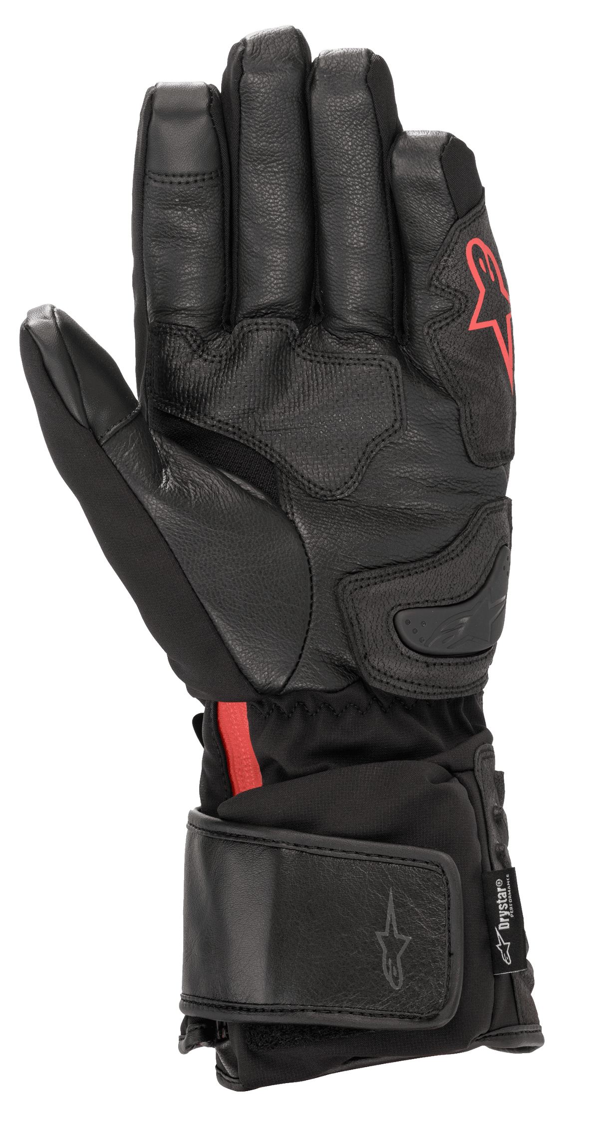 Alpinestars HT-7 Heat Tech Drystar® Gloves, Black Heated Motorcycle Gloves, featuring leather palm and softshell construction with red Alpinestars logo, waterproof Drystar® tech, and adjustable cuff for cold-weather road riding