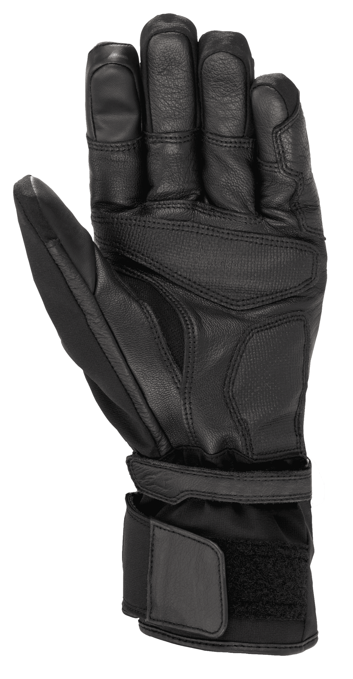 Alpinestars Range 2 In One GORE-TEX Glove With Goregrip Tech, Motorcycle Glove, Black, Palm View showing goat leather construction, reinforced grip areas, and long cuff with velcro adjustment for secure fit.