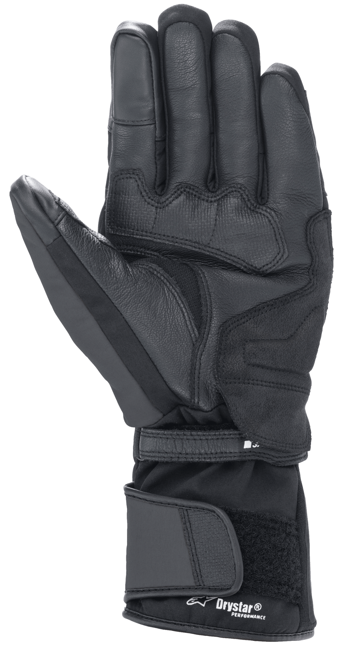 Alpinestars Denali Aerogel Drystar® handsker, sort, håndfladevisning med forstærkede materialepaneler, tekstureret greb på fingrene og justerbar lang manchet med Drystar® Performance-branding, vinter-motorcykeludstyr til adventure touring