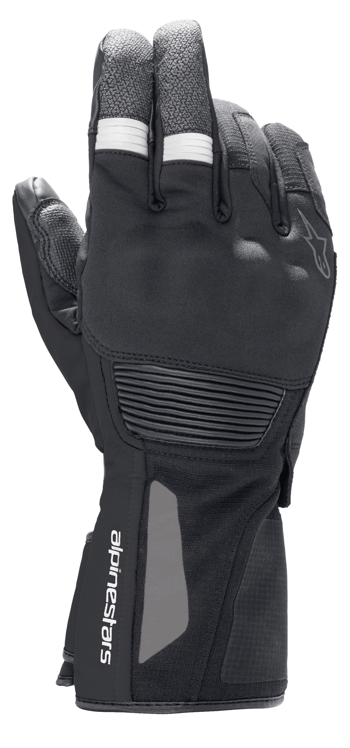 Alpinestars Denali Aerogel Drystar® handsker, motorcykelhandsker til adventure touring, sorte med hvide ribbede fingerdetaljer, støbt knobeskyttelse og branding på håndleddet, teknisk multimateriale-konstruktion til koldt vejr