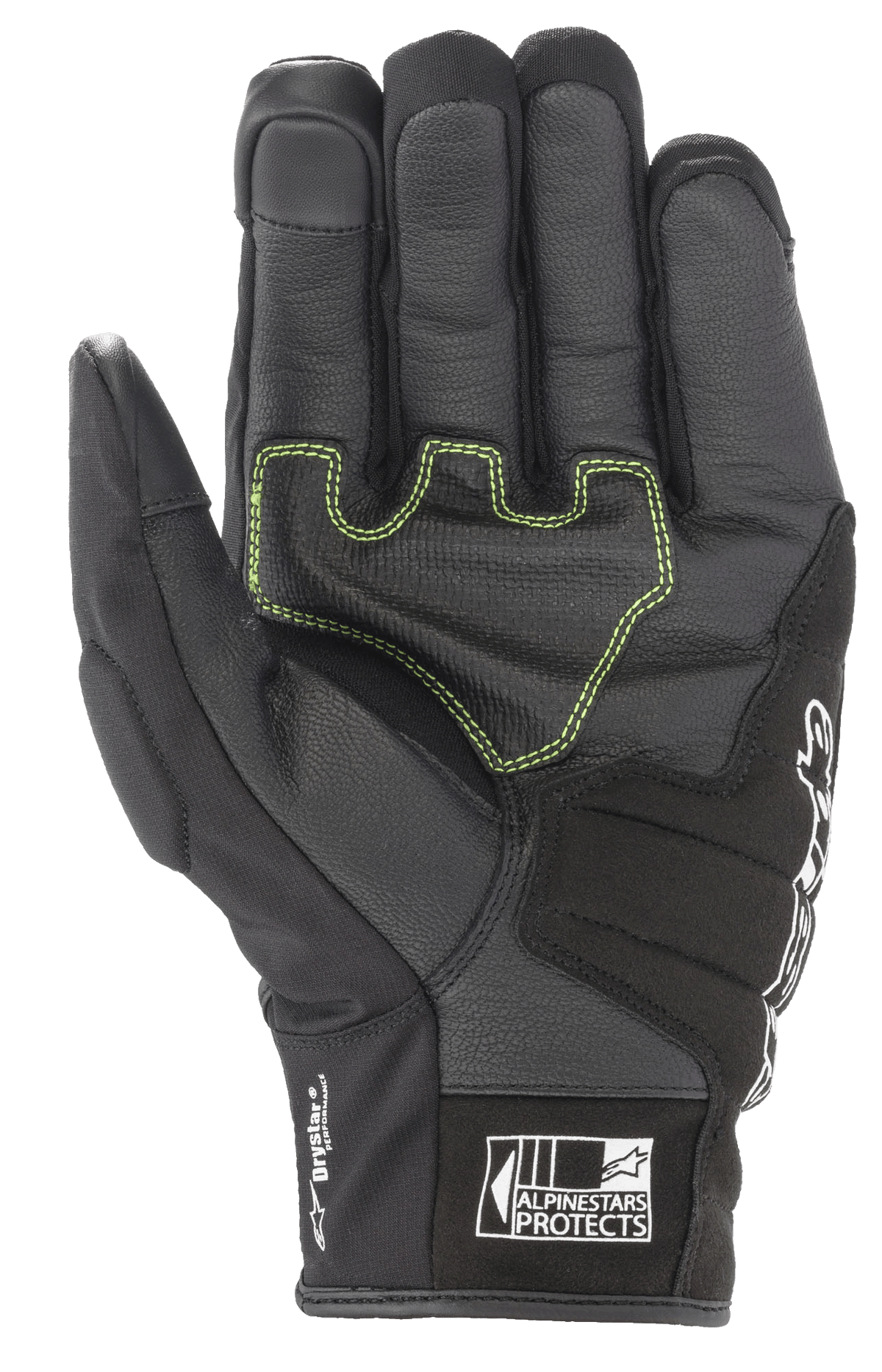 Alpinestars SMX Z Drystar® handsker, sorte motorcykelhandsker, håndfladevisning med neongrønne kontrastsyninger på forstærket læder, 'Drystar Performance'-branding på siden og 'Alpinestars Protects'-logo på manchetten