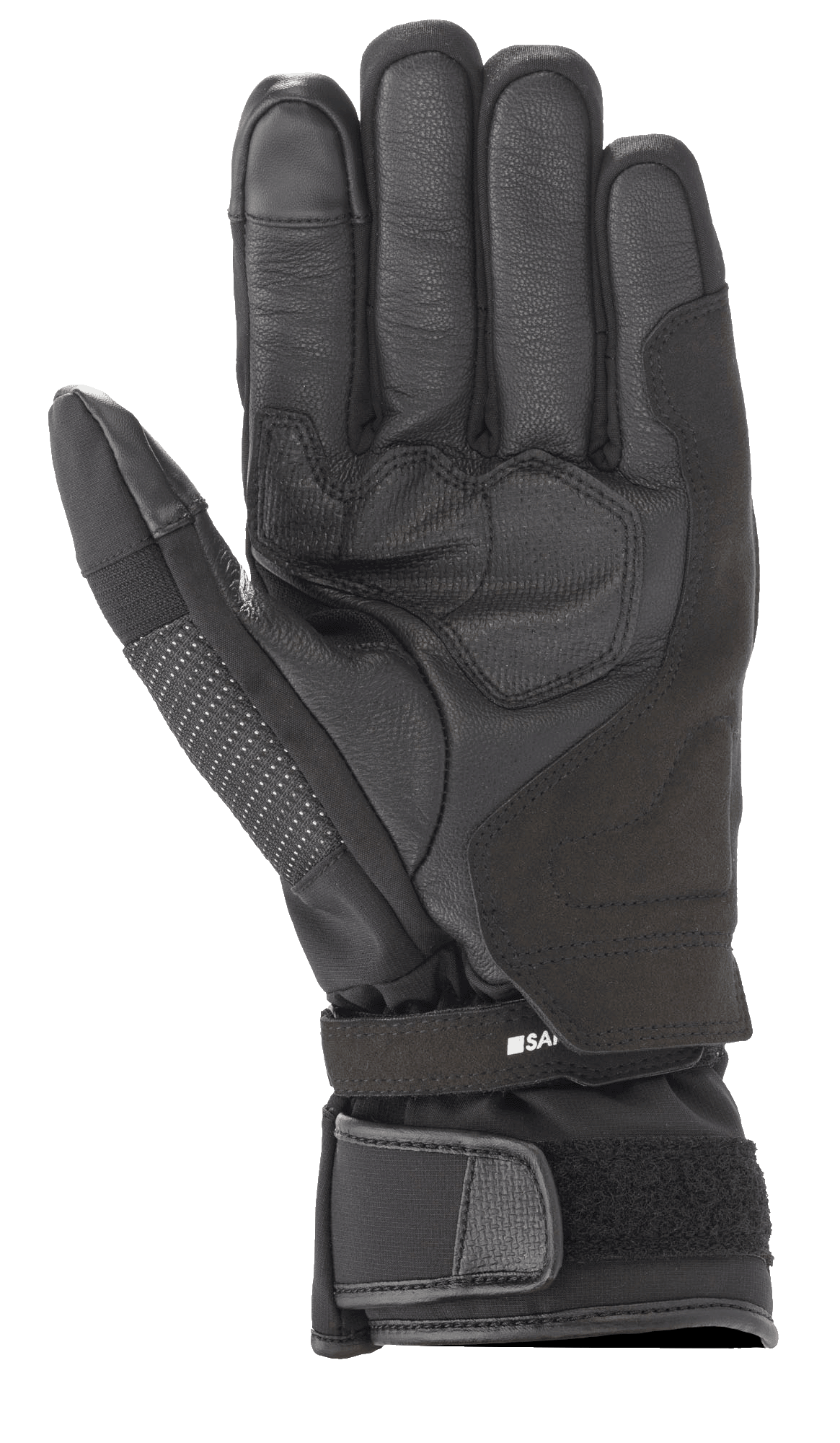Alpinestars Andes V3 Drystar® handske, sort motorcykelhandske, håndfladevisning med gedeskind og tekstilkonstruktion, forstærket håndfladeområde, justerbar håndledsrem med velcro-lukning, teknisk touringdesign til al slags vejr