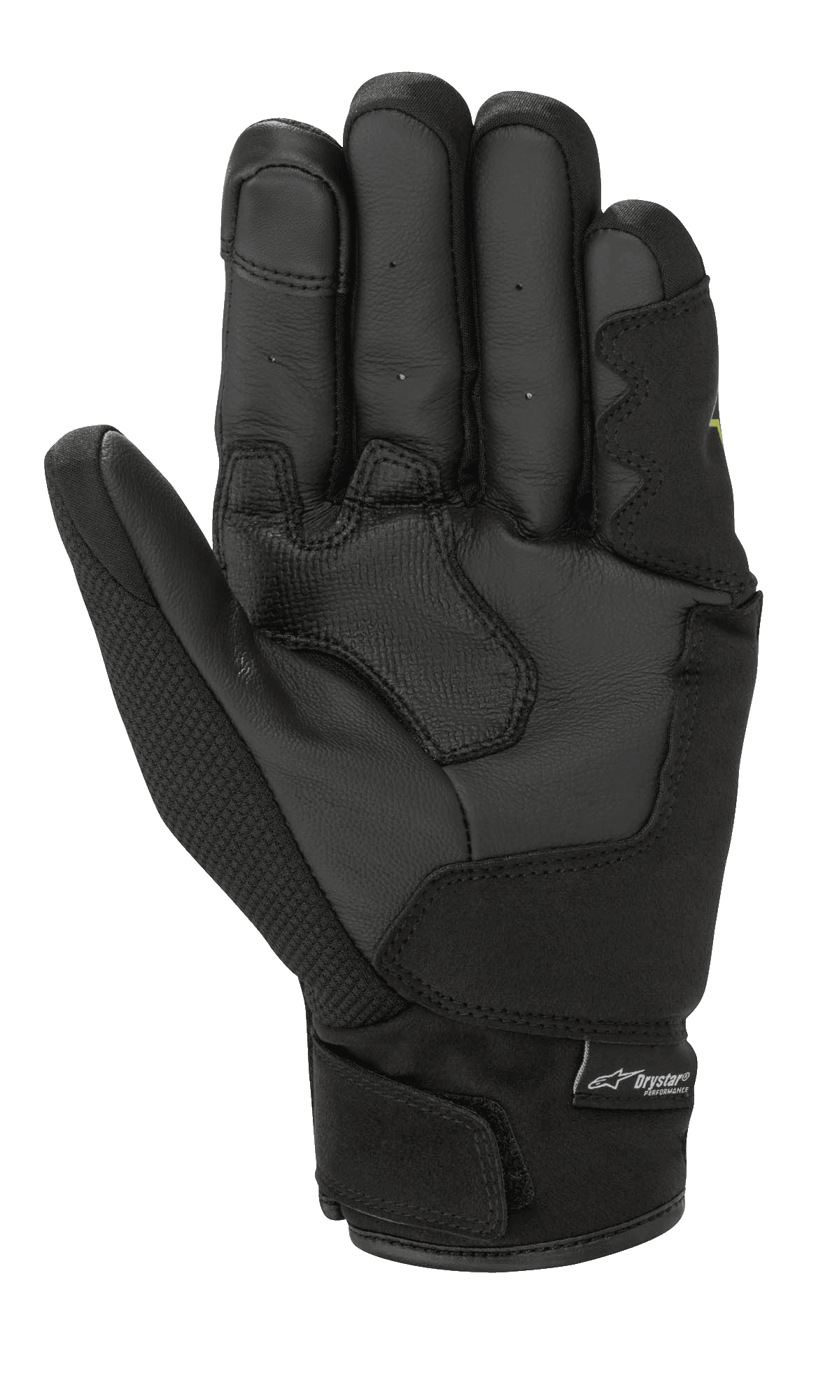 Alpinestars S-Max Drystar® handsker, sort, håndfladevisning med forstærkede læderpaneler, tekstiltommelfinger og velcrolukning ved håndleddet med et Drystar® Performance-logomærke.