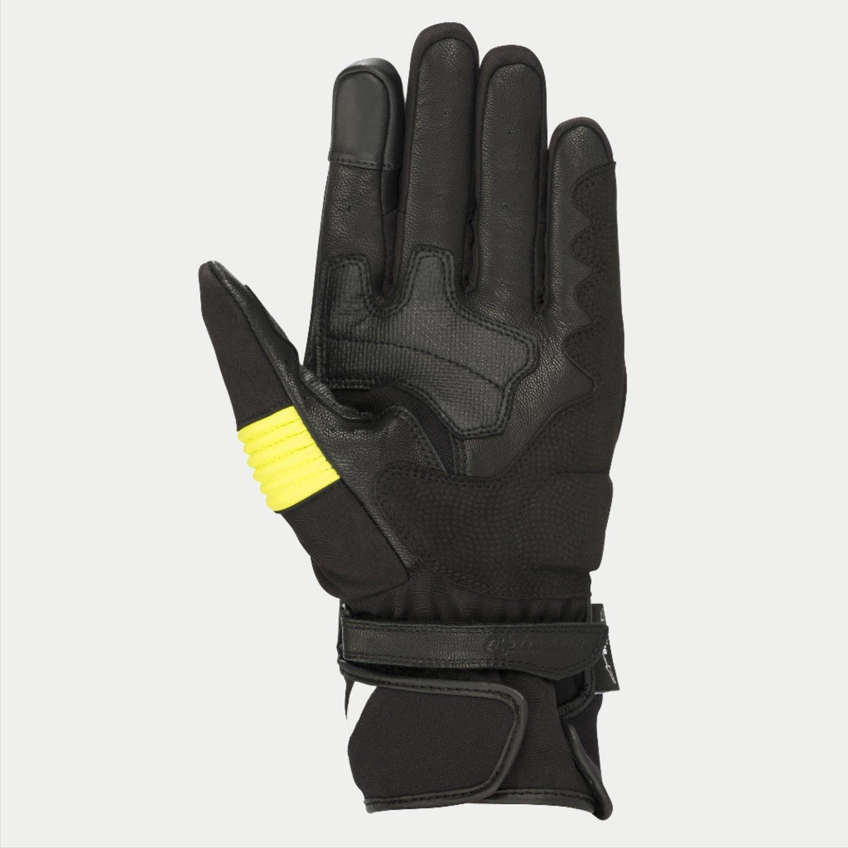 Alpinestars T-SP W Drystar® handsker, sort og neon-gul, håndfladevisning med gedeskindskonstruktion, neon-gule detaljer på tommelfingeren, touchskærmskompatible fingerspidser, dobbelt krog-og-løkke lukning ved håndleddet