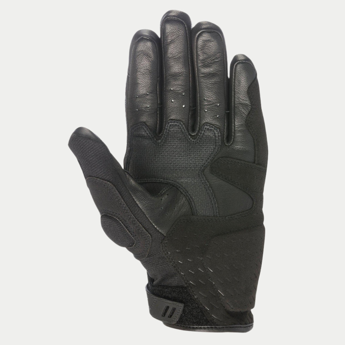 Alpinestars C-30 Drystar® Gloves, Black, palm view showing synthetic suede reinforcements with foam padding, PU-coated grip areas on the thumb and palm, and adjustable hook-and-loop wrist strap, waterproof motorcycle gloves