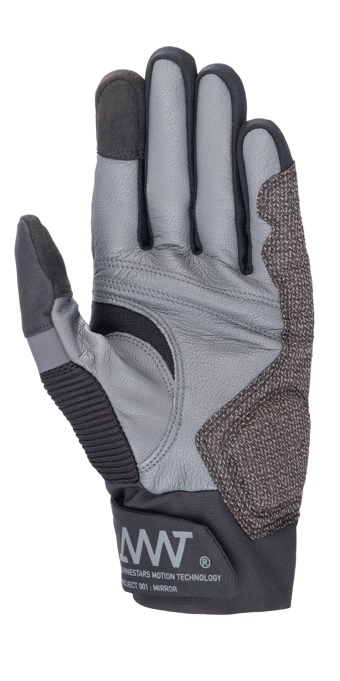 Alpinestars AMT-10 Air HDry® handsker, sort og grå, håndfladevisning der fremhæver gedeskindskonstruktion, ergonomisk grebsmønster og tekniske stretchindsatser, med AMT-branding på manchetten
