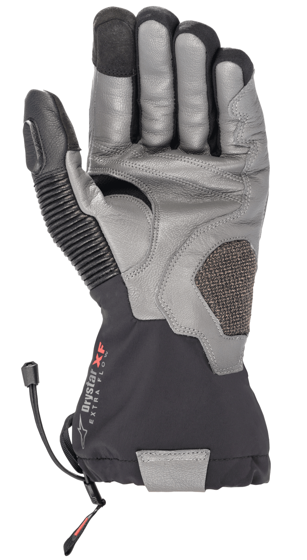 Alpinestars Amt-10 Drystar® XF Winter Gloves, Motorcycle Touring Gloves, Black and Dark Gray, palm view featuring textured goat leather, long waterproof cuff with Drystar XF logo, accordion leather thumb panel, and reinforced palm for adventure and road riding.