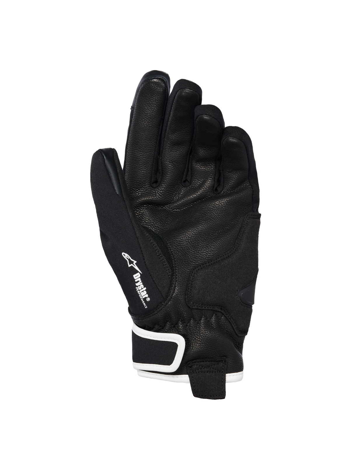 Alpinestars Stella Moblast vandtætte handsker, set fra håndfladen, sort med hvide detaljer, med håndflade i gedelæder, Alpinestars-logo og Drystar-branding på tommelfingeren, motorcykelhandsker med kort manchet til kvinder