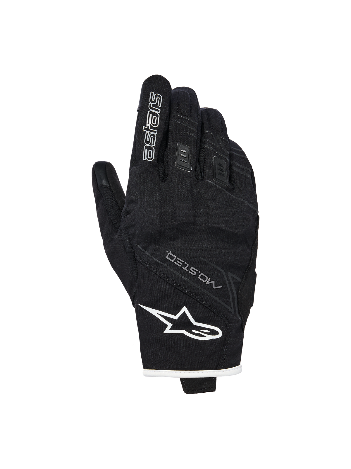 Alpinestars Stella Moblast vandtætte handsker, dame motorcykelhandsker, sort med hvide detaljer, set fra håndryggen med Alpinestars-logo, MO.ST.EQ-branding og blød knobeskyttelse