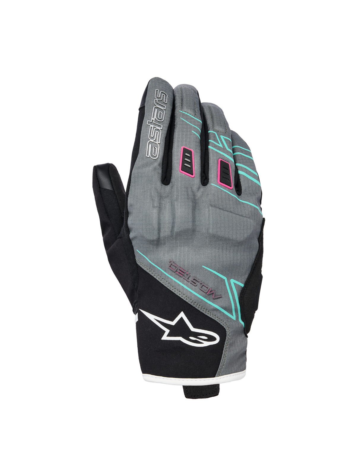 Alpinestars Stella Moblast vandtætte handsker, dame motorcykelhandsker, grå og sort med pink og turkis detaljer, kort manchet-design med MO.ST.EQ.-branding, tekstilkonstruktion med beskyttende knopolstring og hvidt Alpinestars-logo