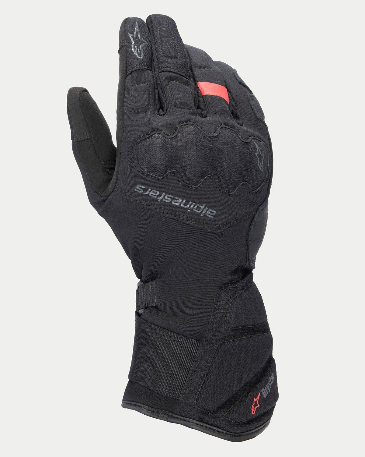Alpinestars Stella Tourer W-7 V2 Drystar® handsker til damer, sorte vinter-touring motorcykelhandsker, lang manchet og integreret knobeskyttelse, tekstil- og læderpaneler med rød Drystar-branding og reflekterende detaljer