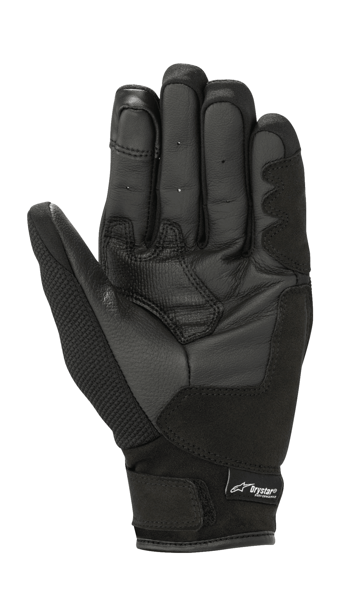 Alpinestars Stella S-Max Drystar damehandsker, Black Anthracite, set fra håndfladen med læderkonstruktion, forstærkede grebsområder og krog-og-løkke-lukning ved håndleddet med Drystar-branding