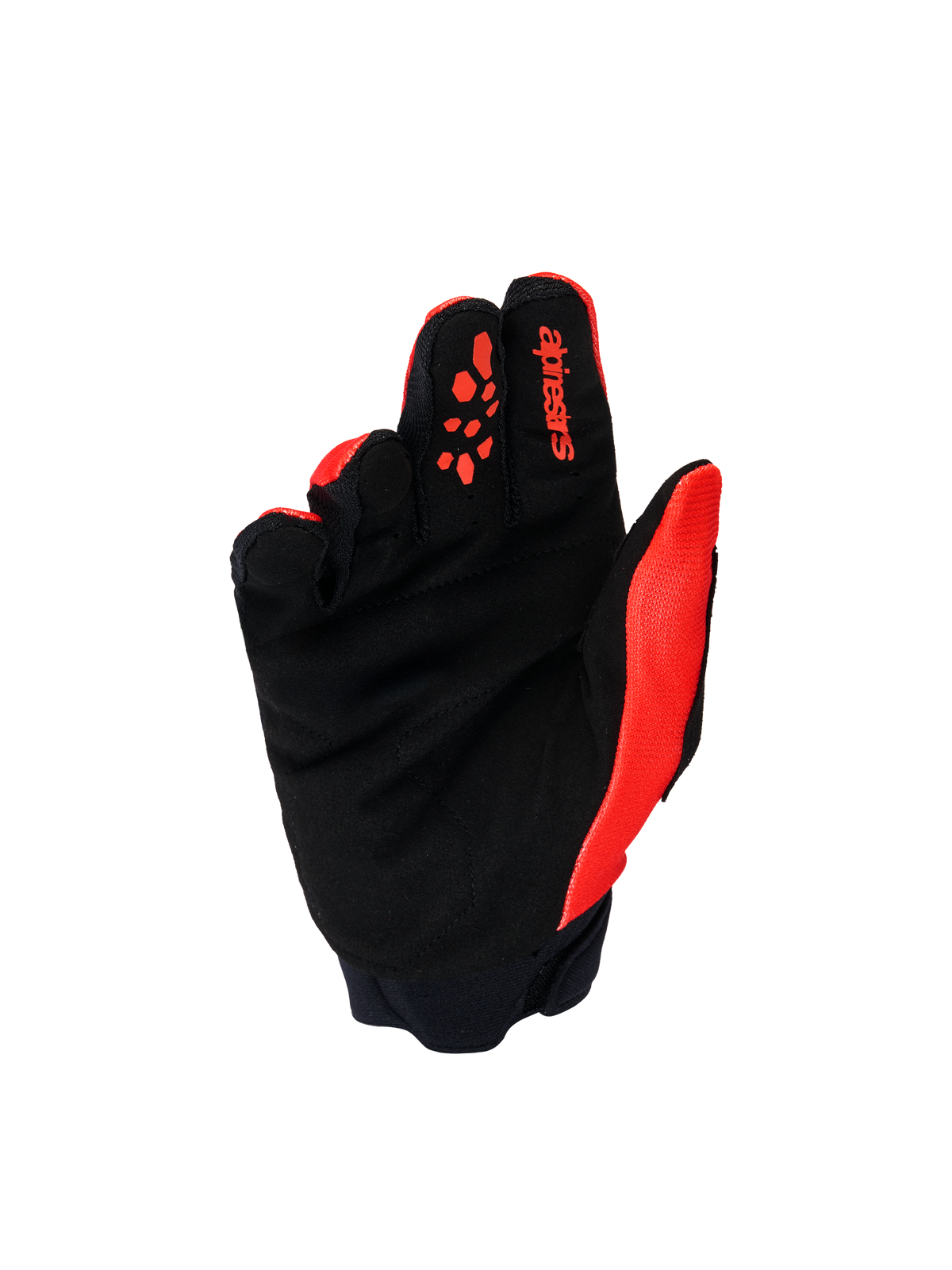 Alpinestars Youth & Kids Full Bore V2 Gloves, Motocross Gloves, Bright Red and Black, palm view showing reinforced black synthetic suede and red silicone grip patterns on fingers, durable off-road gear for young riders.