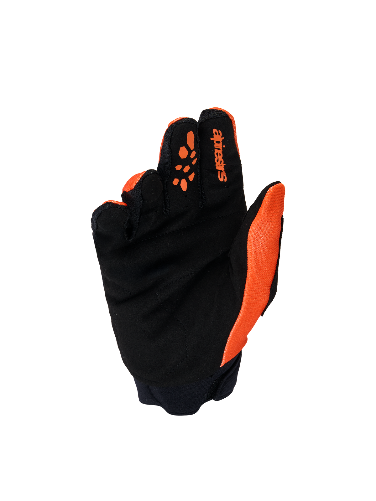 Alpinestars Youth & Kids Full Bore V2 handsker, motocross-handsker, orange og sort, håndfladevisning med forstærket syntetisk ruskind, silikoneprint på fingrene for optimal kontrol, Alpinestars-branding på pegefingeren.